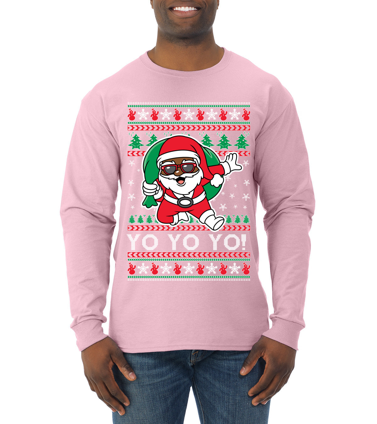 Yo Yo Yo Black Santa Ugly Christmas Sweater Mens Long Sleeve Shirt