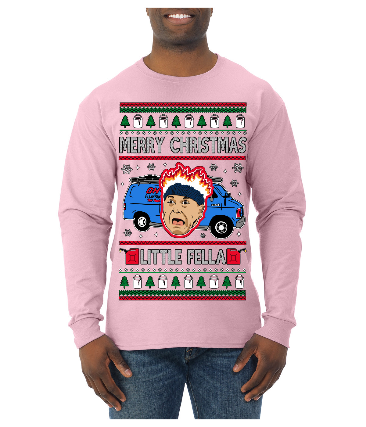 Merry Christmas Little Fella Funny 90s Harry Movie Quote Ugly Christmas Sweater Mens Long Sleeve Shirt