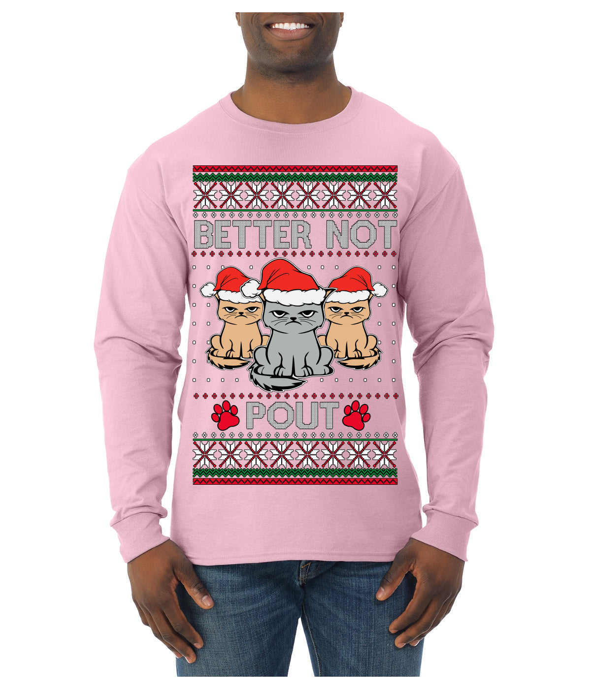 Better Not Pout, Cute Sad Santa Cats | Funny Ugly Christmas Sweater Mens Long Sleeve Shirt