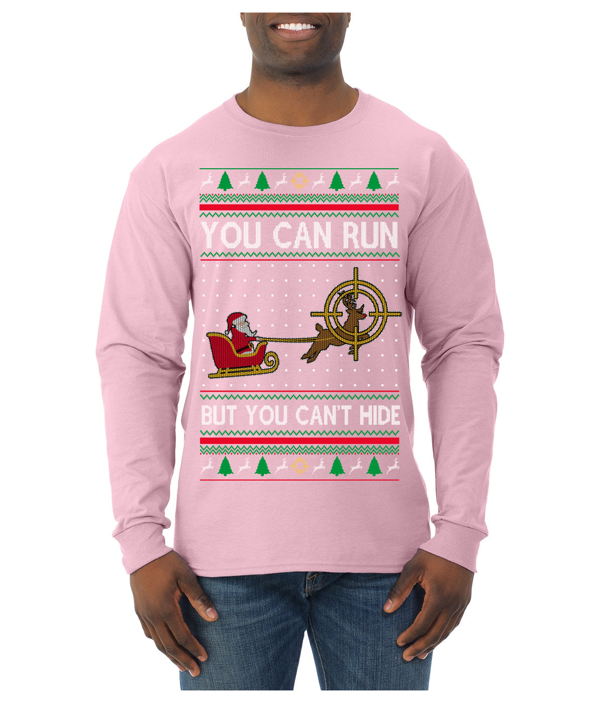 You Can Run But You Can't Hide Santa Sleigh Reindeer Ugly Christmas Sweater Mens Long Sleeve Shirt
