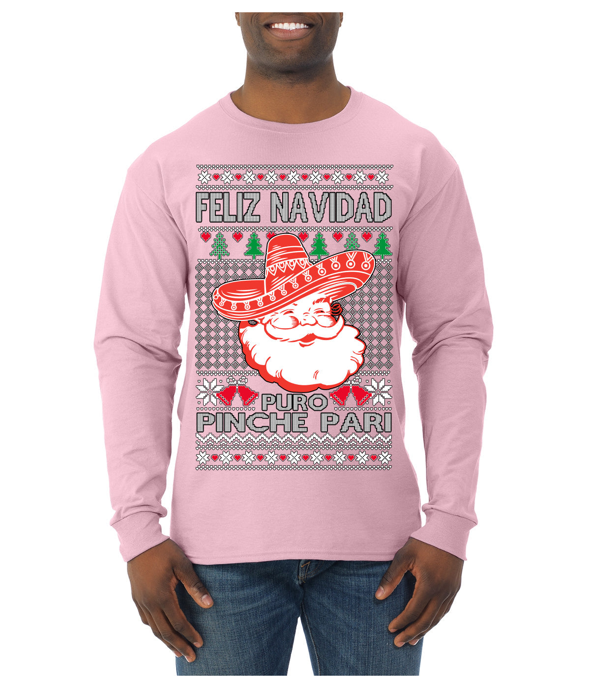 Feliz Navidad Puro Pinche Pari Funny Spanish Song Ugly Christmas Sweater Mens Long Sleeve Shirt