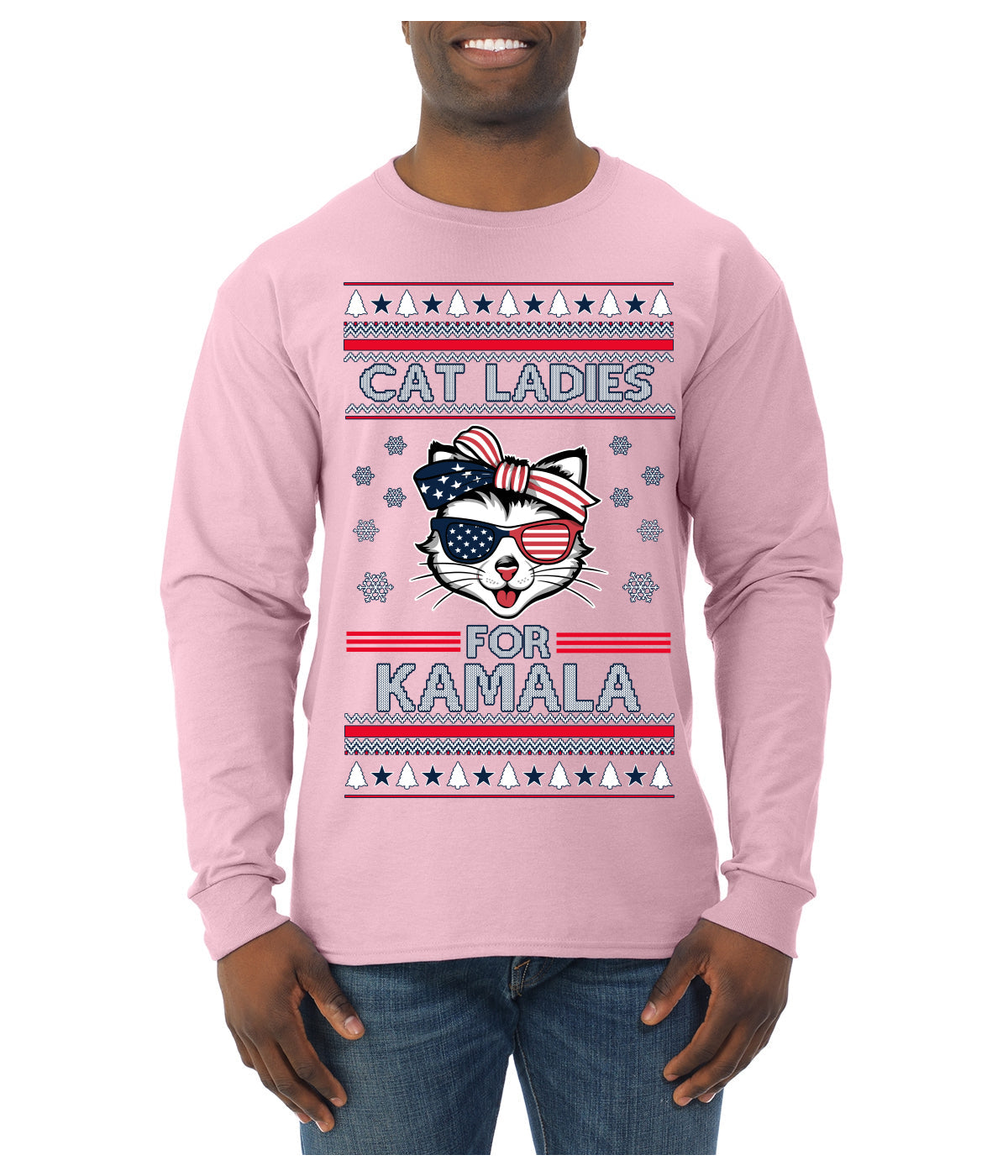 Cat Ladies for Kamala USA Glasses, Harris Tim Walz 2024 Cute USA Glasses Bow Ugly Christmas Sweater Mens Long Sleeve Shirt