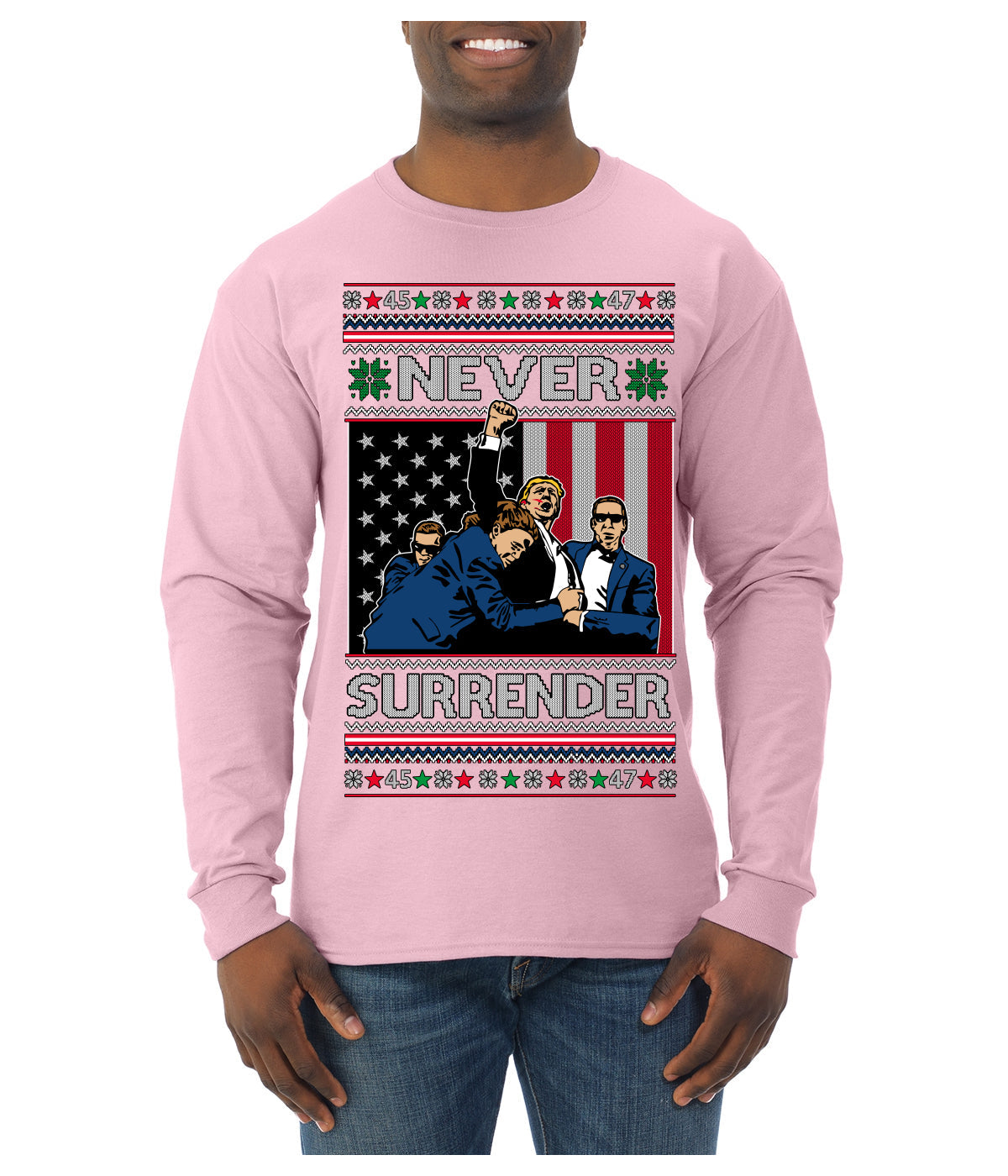 Never Surrender Pro Donald Trump Fight Fist Pump 2024 Ugly Christmas Sweater Mens Long Sleeve Shirt