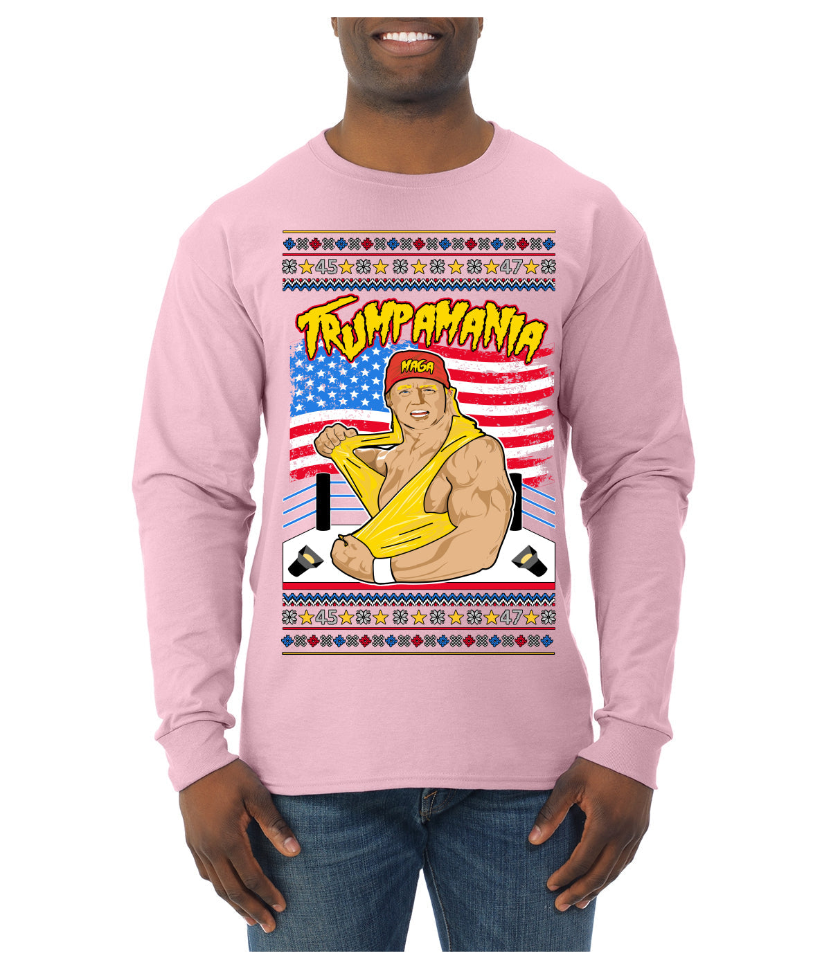 Trumpamania Funny Hogan 80s USA Wrestling Sports Parody Ugly Christmas Sweater Mens Long Sleeve Shirt