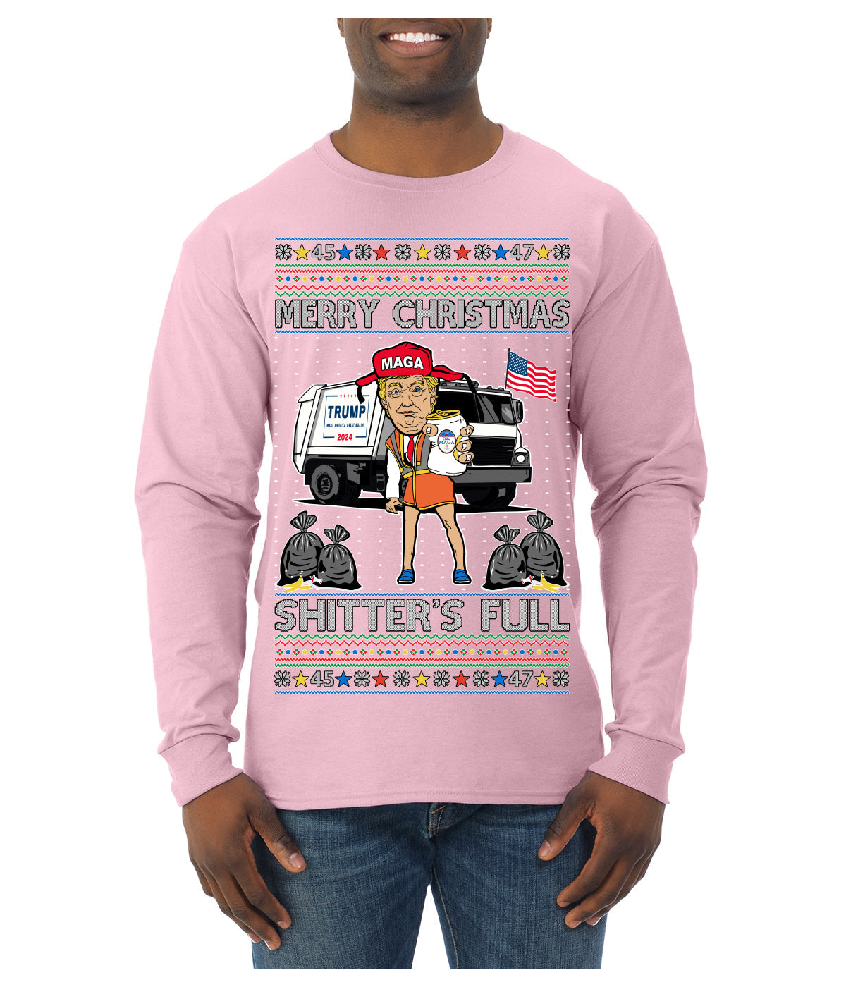 Donald Trump Merry Christmas Shitter's Full Cousin Eddie Ugly Christmas Sweater Mens Long Sleeve Shirt