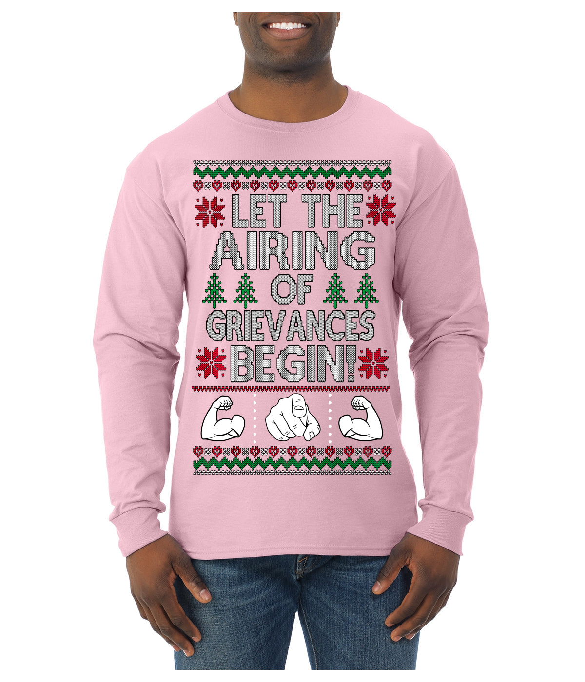 Let the Airing of Grievances Begin Funny TV Sitcom Festivus Ugly Christmas Sweater Mens Long Sleeve Shirt