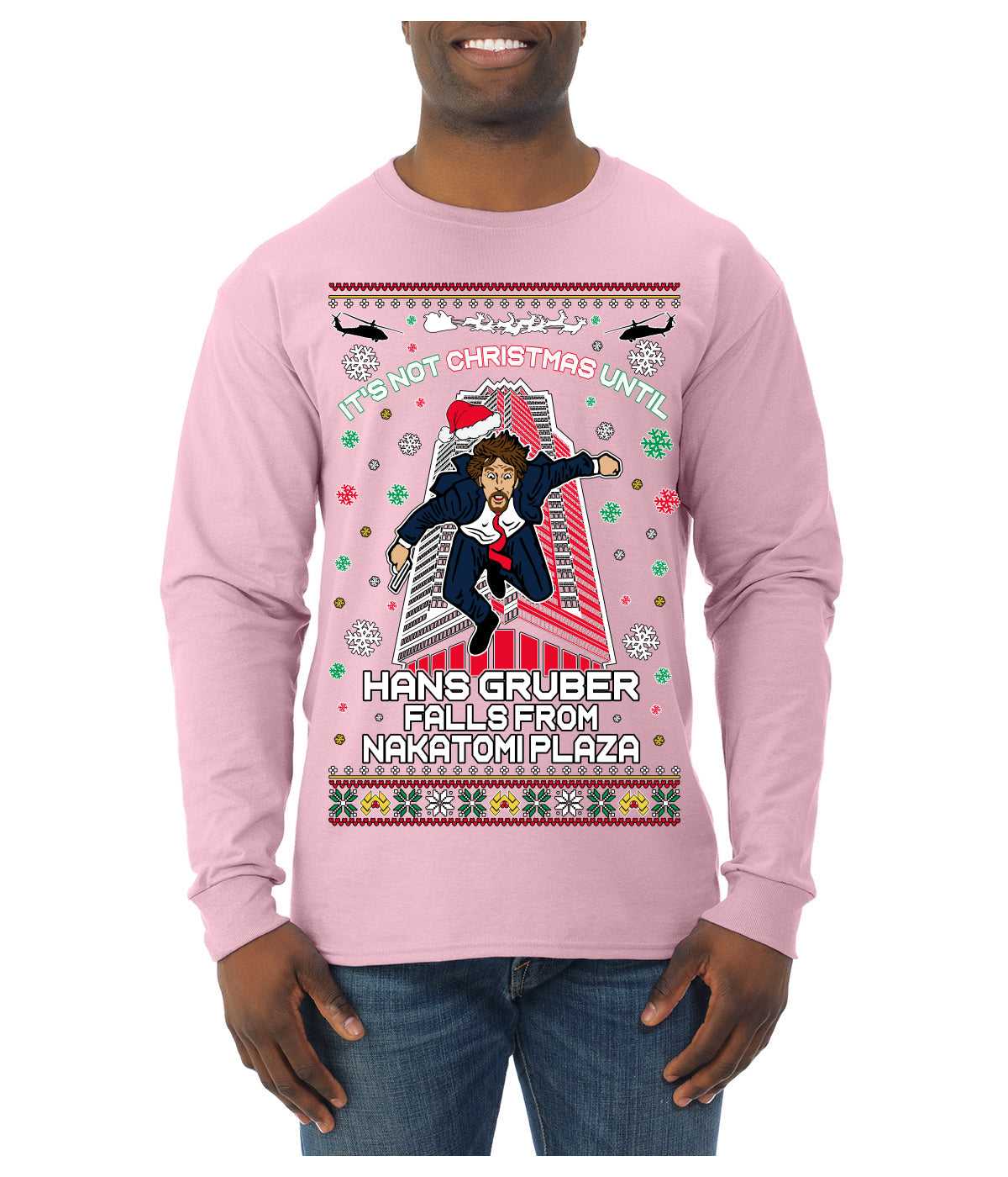 Not Christmas Until Hans Gruber Falls From Nakatomi Ugly Christmas Sweater Mens Long Sleeve Shirt