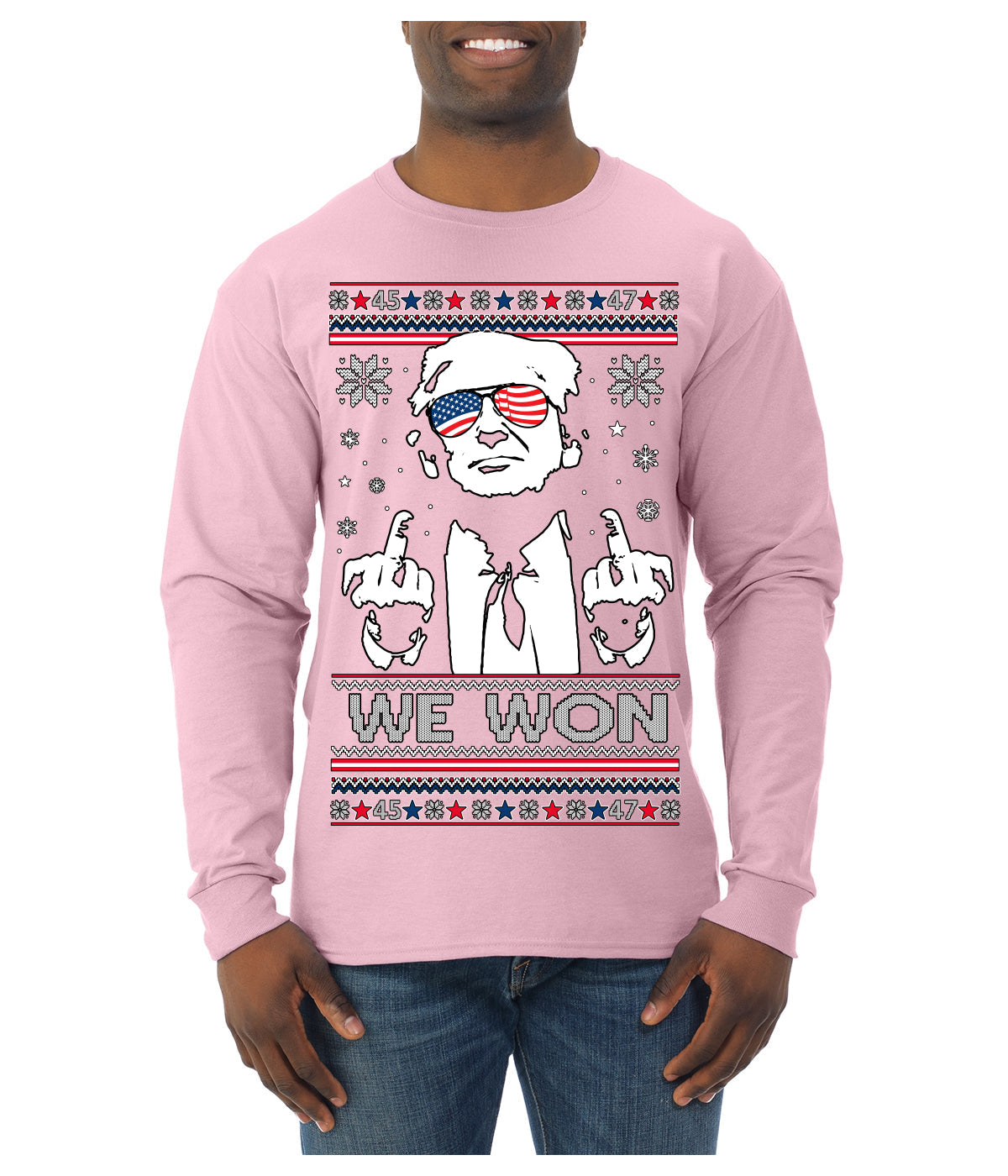 We Won Funny 45 47 President Trump Shot USA Glasses Ugly Christmas Sweater Mens Long Sleeve Shirt