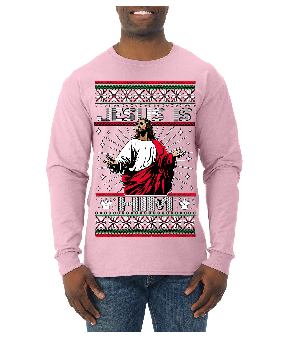 Jesus Is Him Funny Gen Z Viral Meme Shades Slang Ugly Christmas Sweater Mens Long Sleeve Shirt