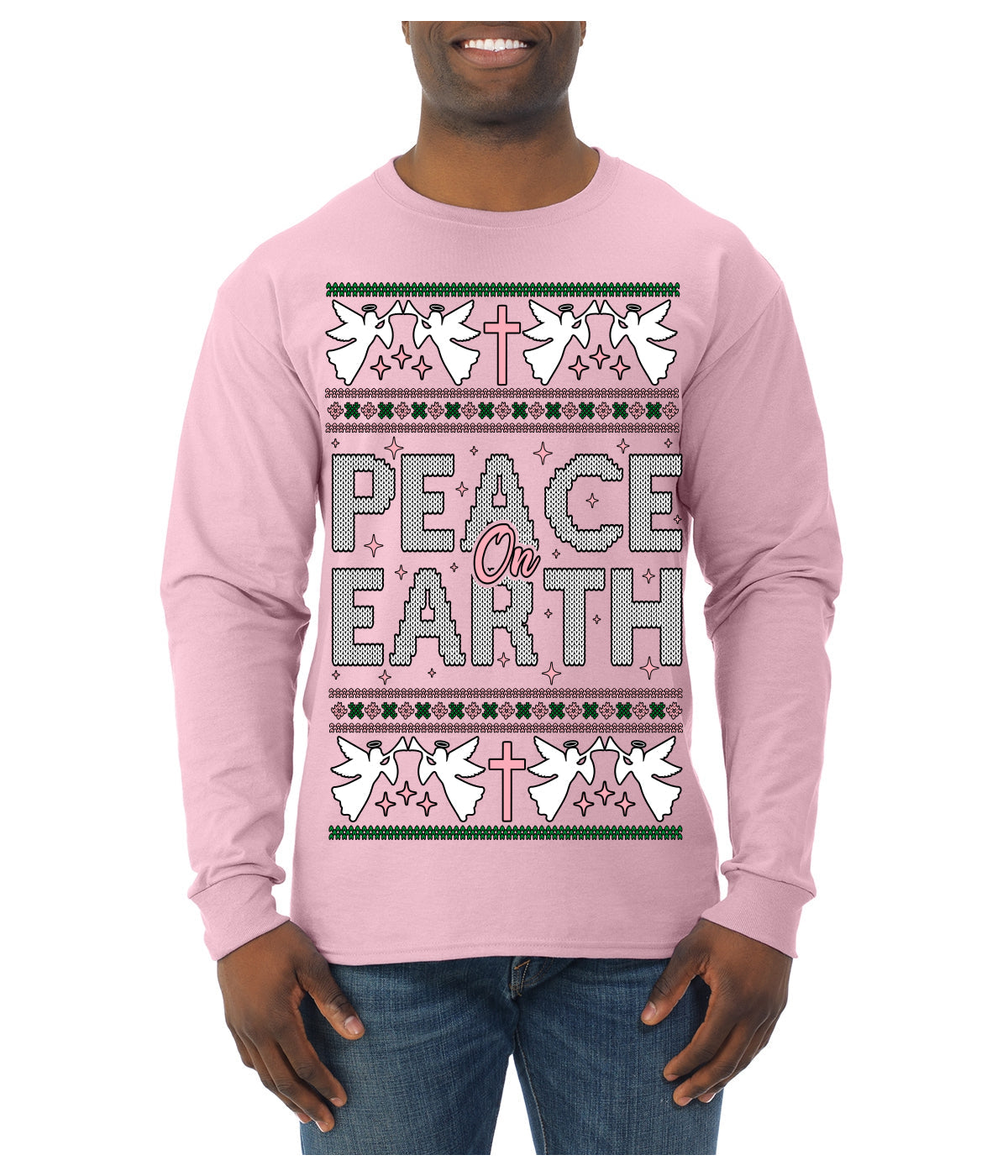 Peace On Earth Funny Xmas Cute Pink Angel Cross Ugly Christmas Sweater Mens Long Sleeve Shirt