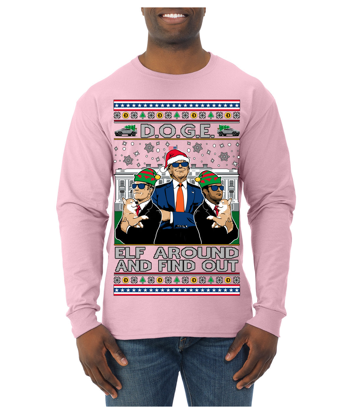 Doge Elf Around and Find Out Trump Elon Vivek MAGA Ugly Christmas Sweater Mens Long Sleeve Shirt