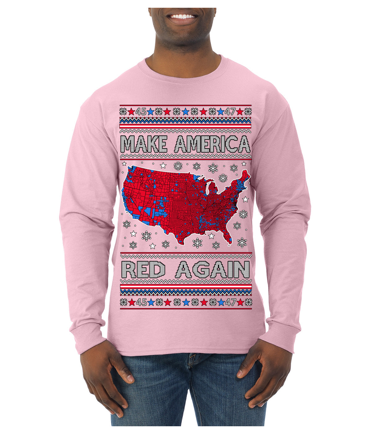 Make America Red Again USA Map Trump 2024 MAGA Ugly Christmas Sweater Mens Long Sleeve Shirt