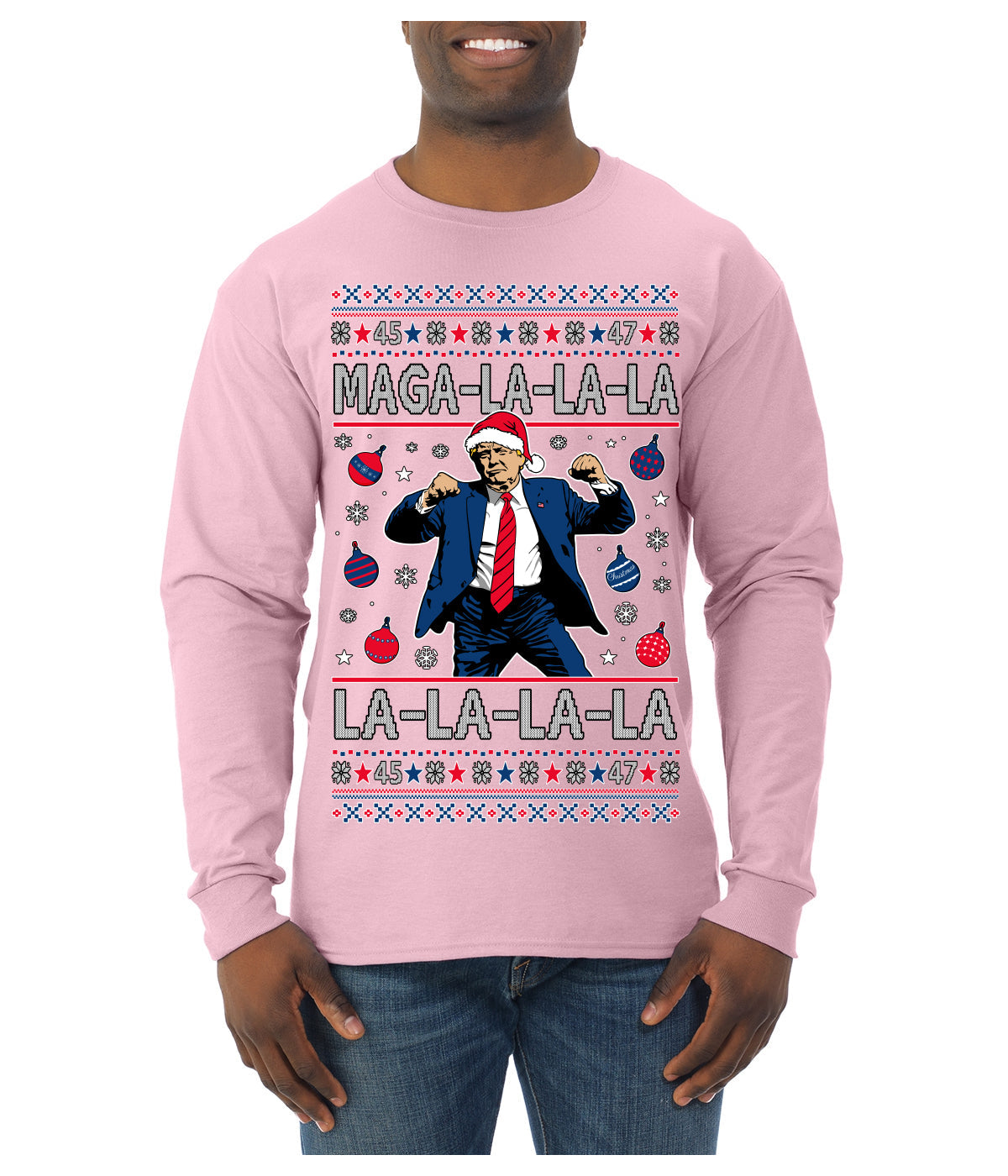 Maga La La La Funny Donald Trump Christmas Carol Song Ugly Christmas Sweater Mens Long Sleeve Shirt