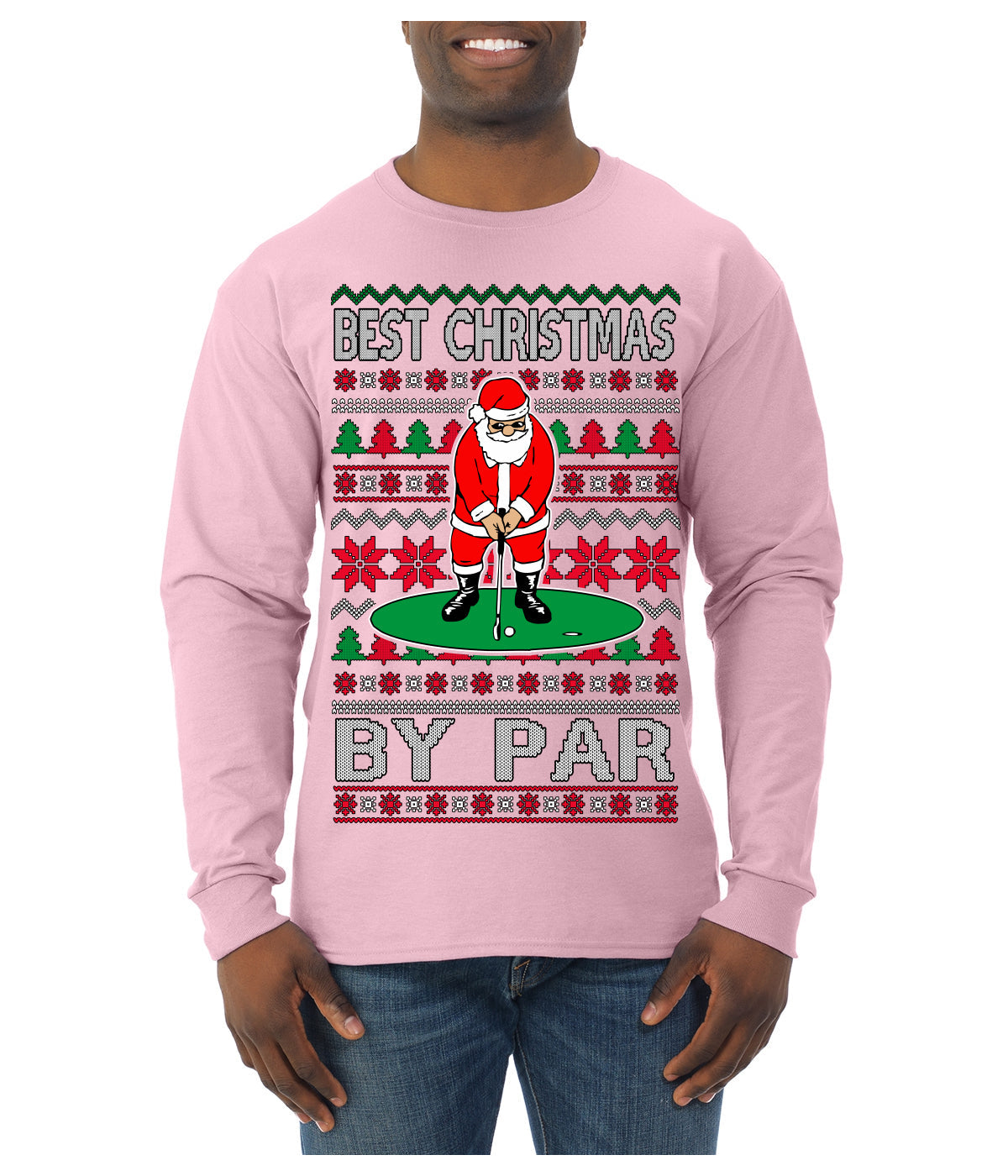 Best Christmas By Par Funny Santa Golfing Pun Sports Golf Ugly Christmas Sweater Mens Long Sleeve Shirt