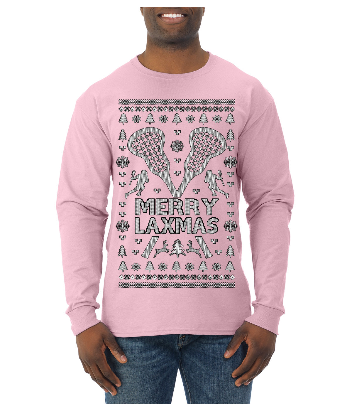 Merry Laxmas Funny Lacrosse Sports LAX Teen Sports Pun Ugly Christmas Sweater Mens Long Sleeve Shirt