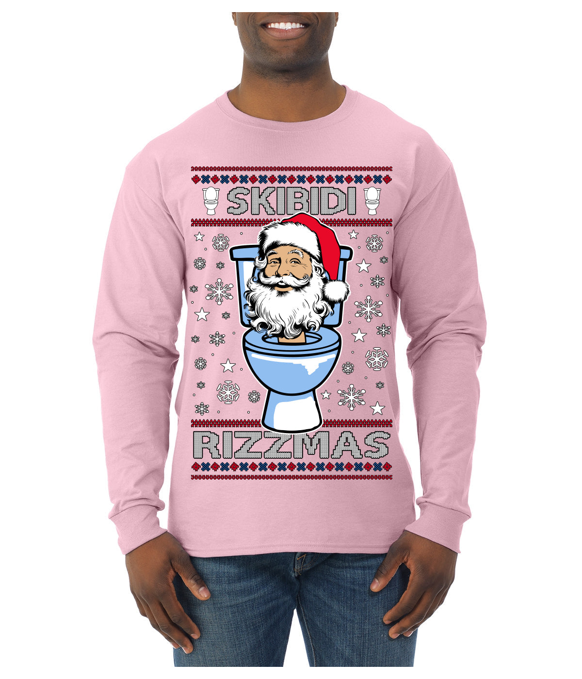 Skibidi Rizzmas Funny Toilet Video Viral Brain Rot Meme, Gen Z Alpha Slang Brainrot Memes Ugly Christmas Sweater Mens Long Sleeve Shirt