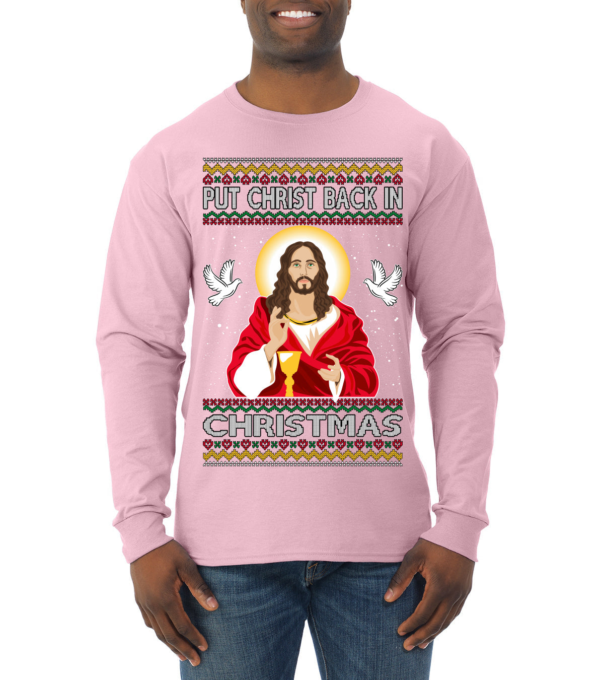 Put Christ Back In Christmas Ugly Christmas Sweater Mens Long Sleeve Shirt