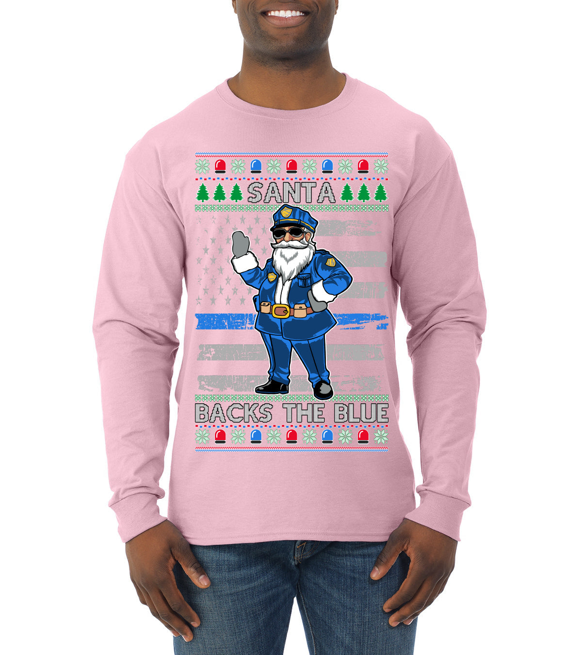 Santa Backs The Blue Pro Police Santa Claus Ugly Christmas Sweater Mens Long Sleeve Shirt