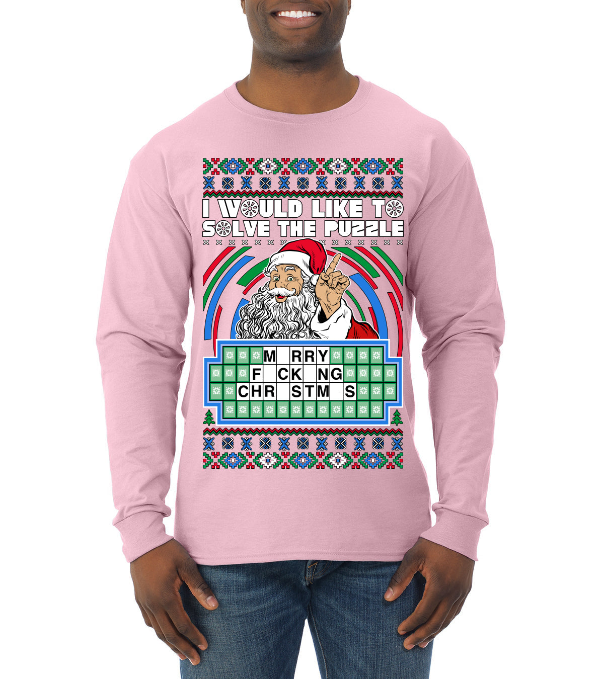Santa Game Show I'd Like To Solve the Puzzle Wheel Ugly Christmas Sweater Mens Long Sleeve Shirt