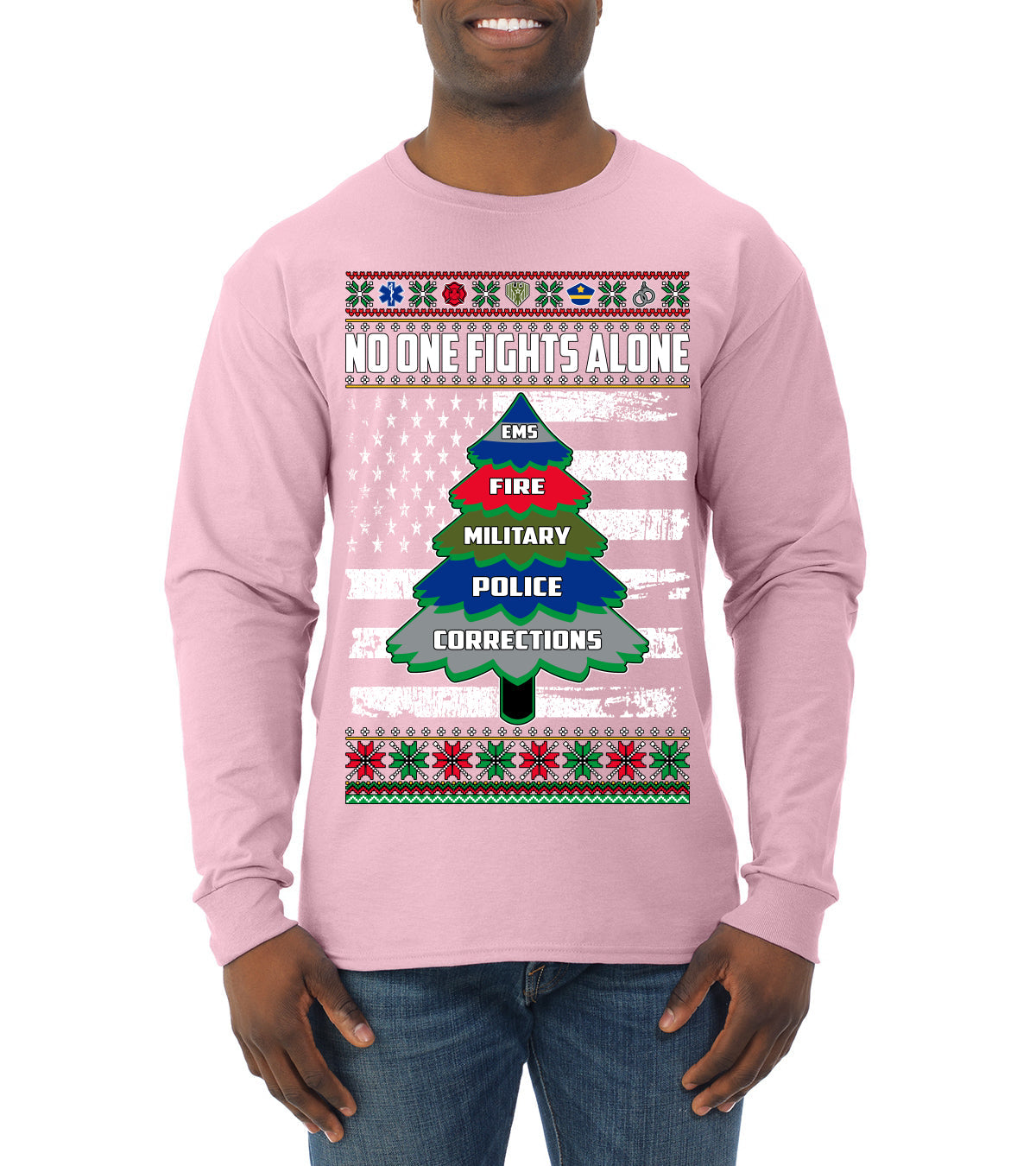 No One Fights Alone Holiday First Responder Police Fire Emt Ugly Christmas Sweater Mens Long Sleeve Shirt