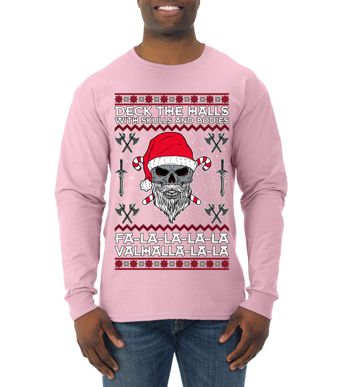 Valhalla Deck The Halls With Skulls & Bodies Ugly Christmas Sweater Mens Long Sleeve Shirt