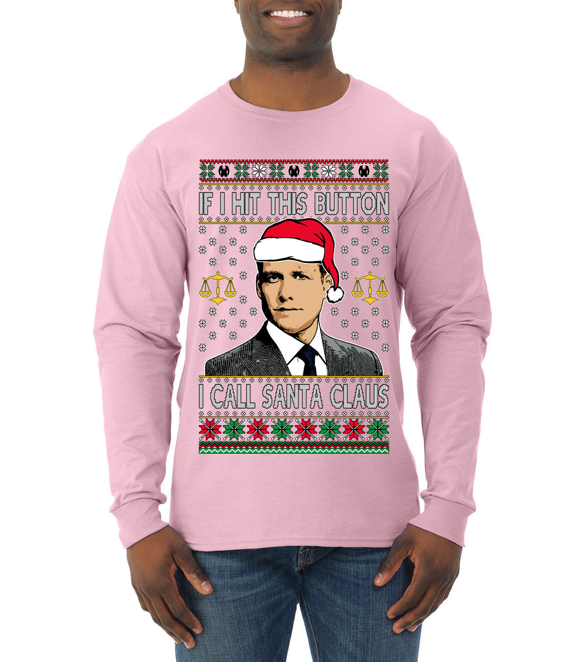 Harvey Hit This Button I Call Santa Specter TV Show Parody Ugly Christmas Sweater Mens Long Sleeve Shirt