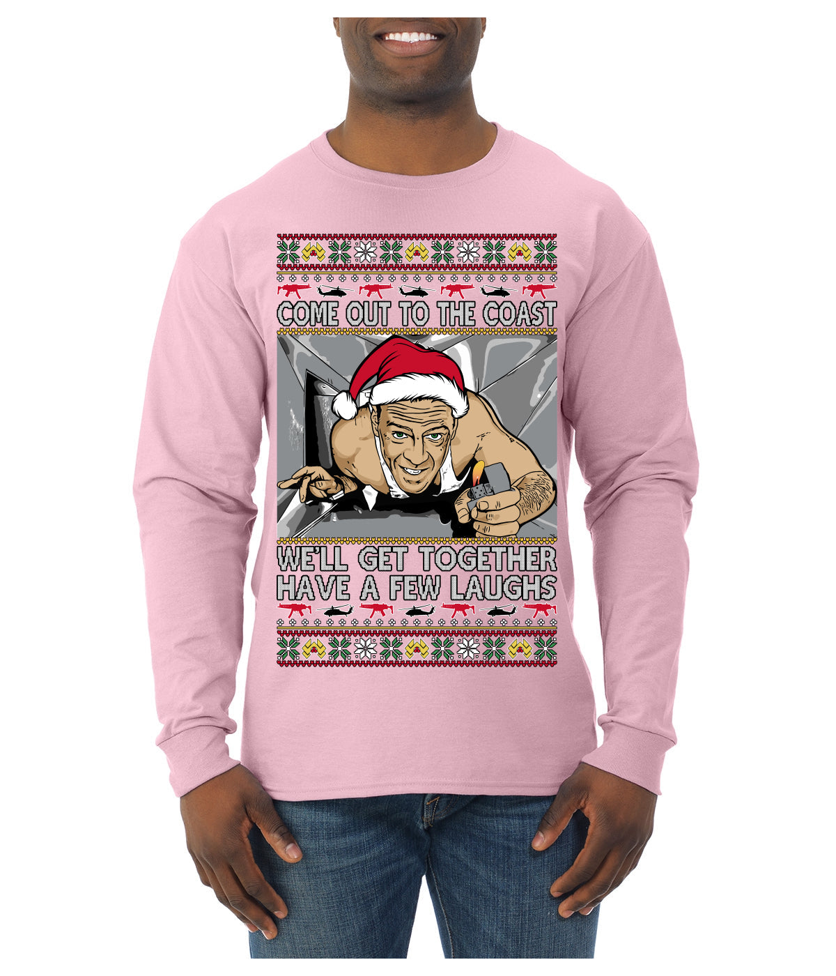 Come Out to the Coast Have a Few Laughs Die Hard McClane Ugly Christmas Sweater Mens Long Sleeve Shirt