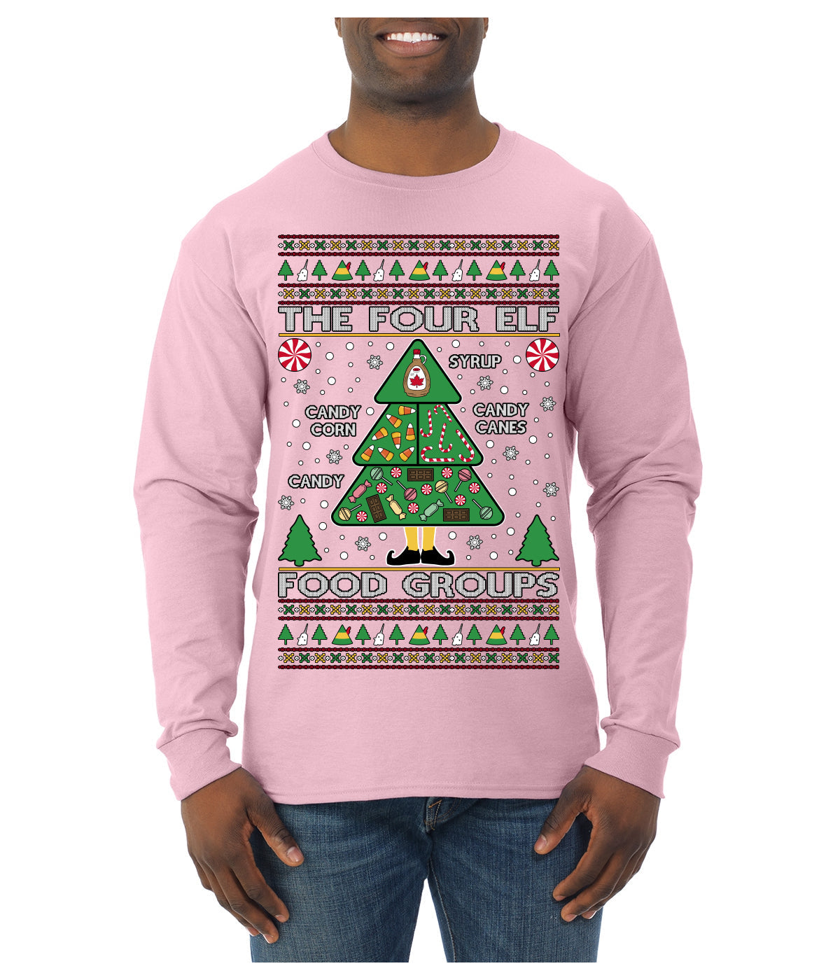 The Four Elf Food Groups Candy Canes Syrup Funny Ugly Christmas Sweater Mens Long Sleeve Shirt