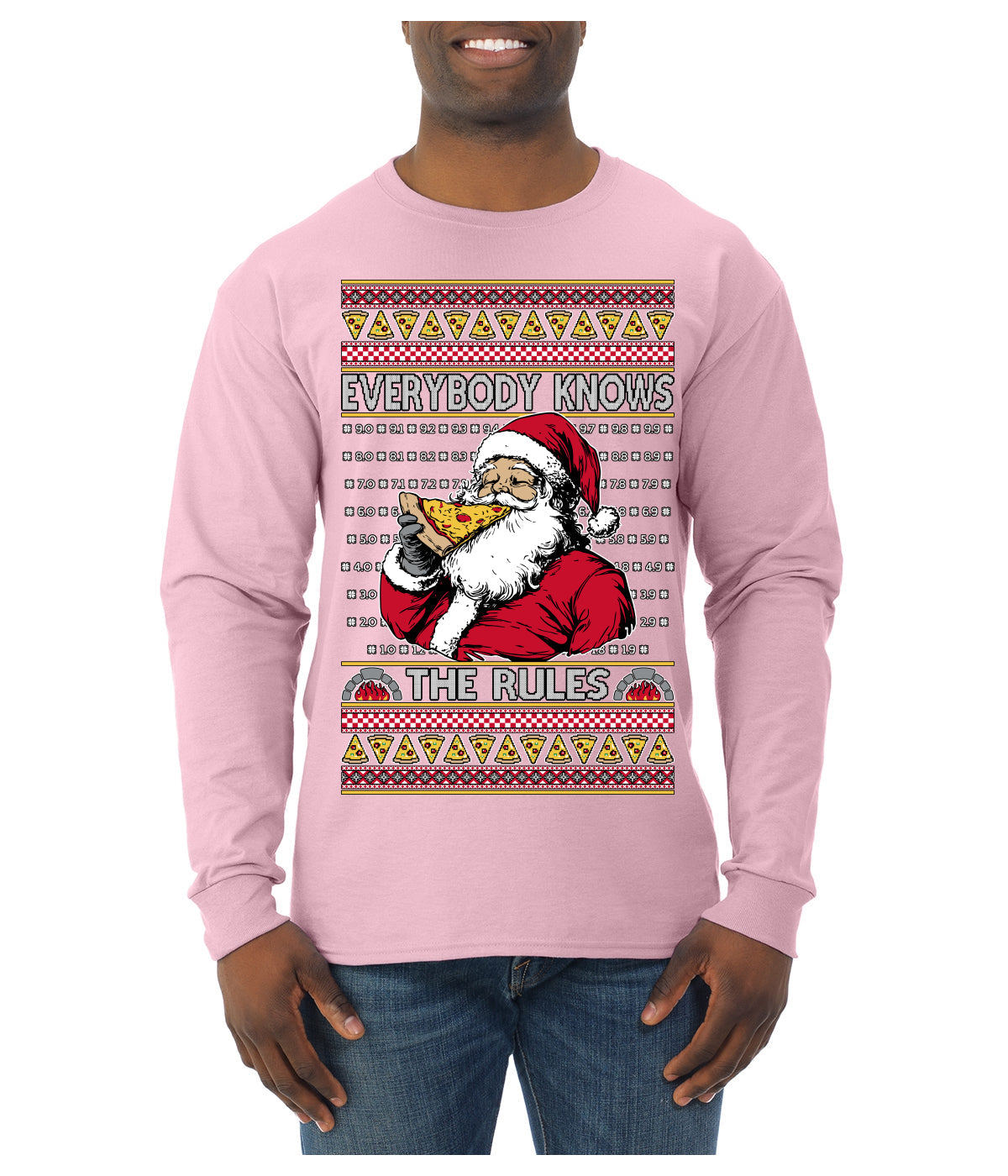 Everybody Knows the Rules Funny Santa Claus Pizza Score Ugly Christmas Sweater Mens Long Sleeve Shirt