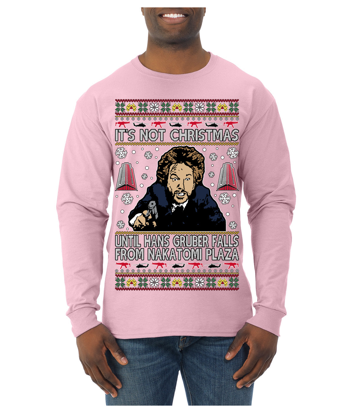 It's Not Christmas Until Hans Gruber Falls From Nakatomi Plaza Color Ugly Christmas Sweater Mens Long Sleeve Shirt