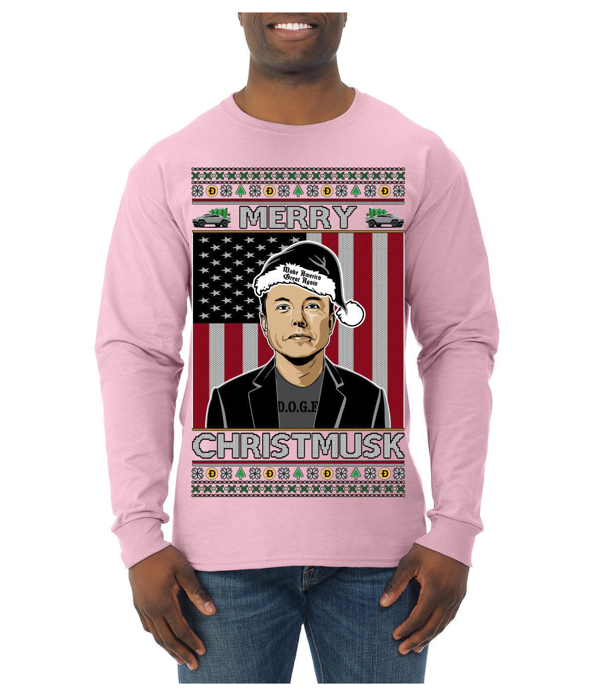 Merry Christmusk Funny Dark MAGA Santa Elon Doge Meme Ugly Christmas Sweater Mens Long Sleeve Shirt