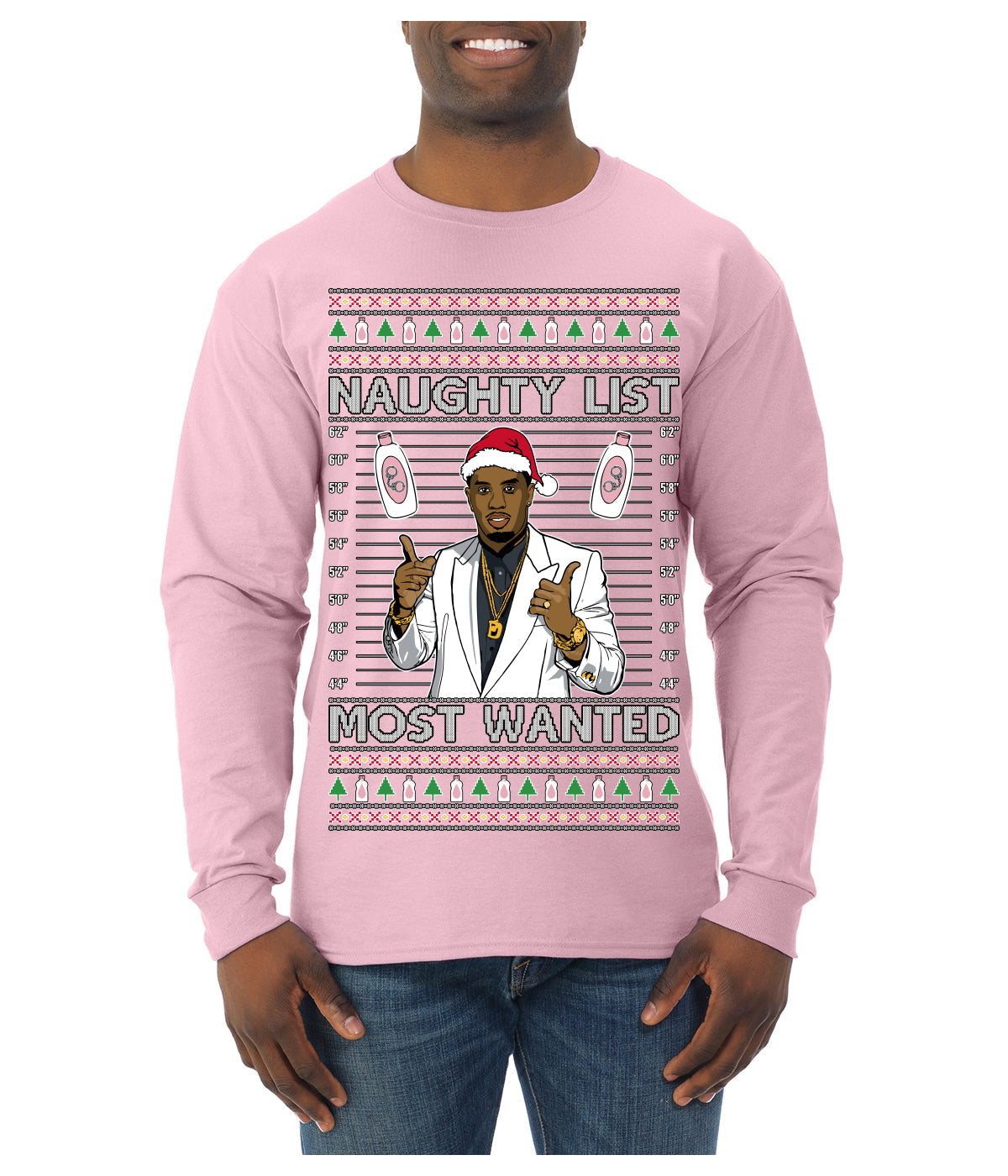 Naughty List Most Wanted, Funny Santa P Diddy Diddler Funny Party Viral Music Baby Oil Meme Ugly Christmas Sweater Mens Long Sleeve Shirt