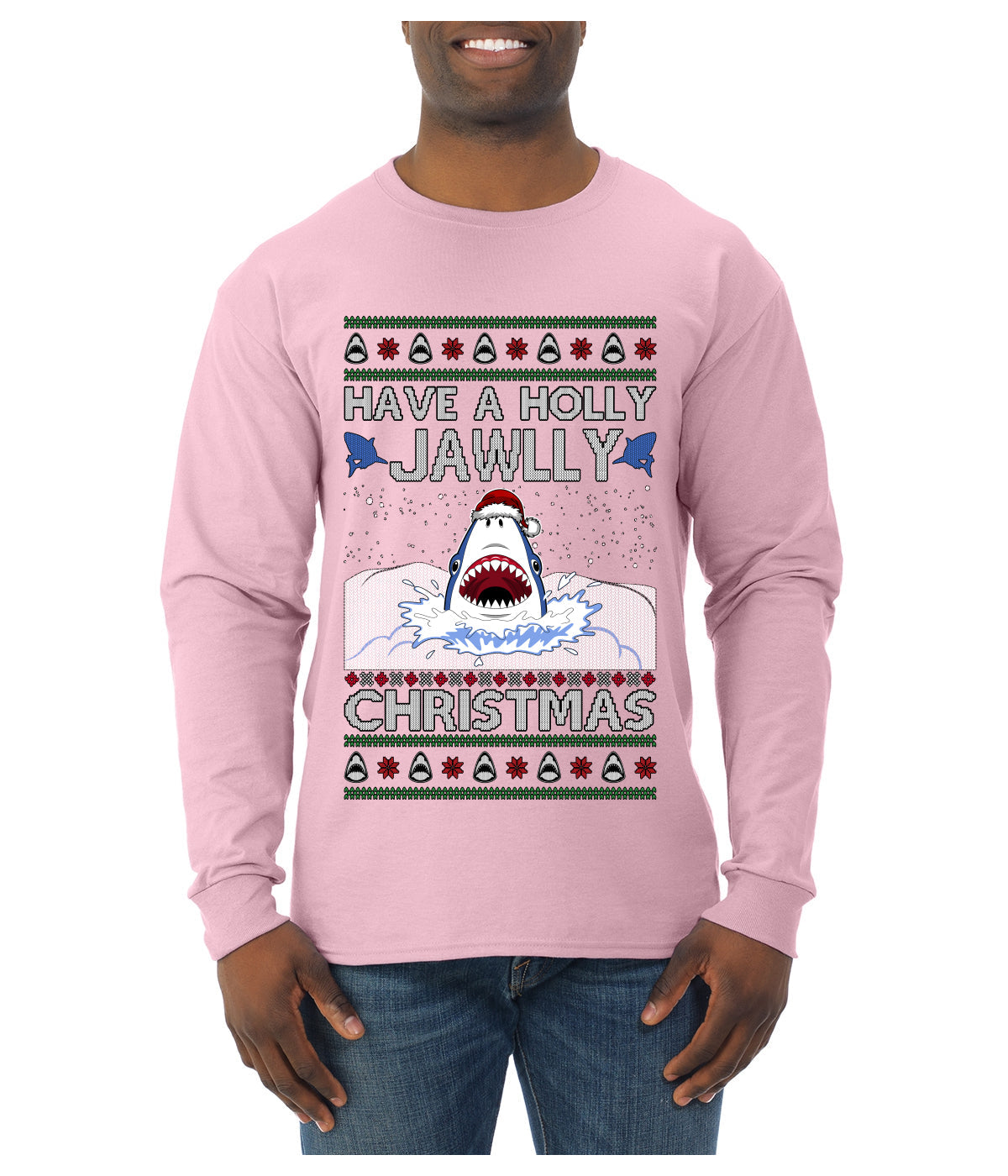 Have a Holly Jawlly Christmas, Cute Shark, Ugly Christmas Sweater Mens Long Sleeve Shirt