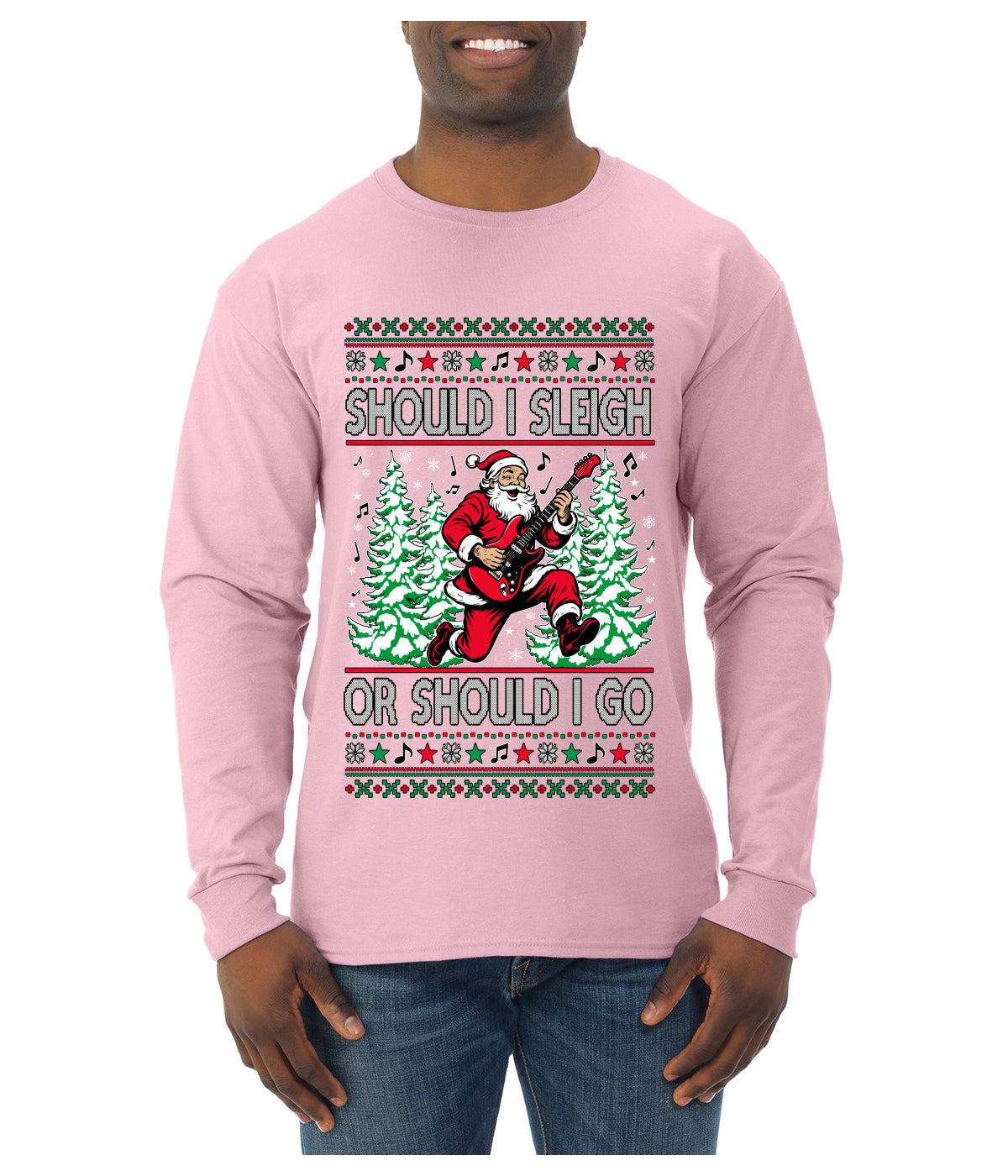 Should I Sleigh Or Should I Go, 80s Rock n' Roll Song, Electric Guitar, Ugly Christmas Sweater Mens Long Sleeve Shirt