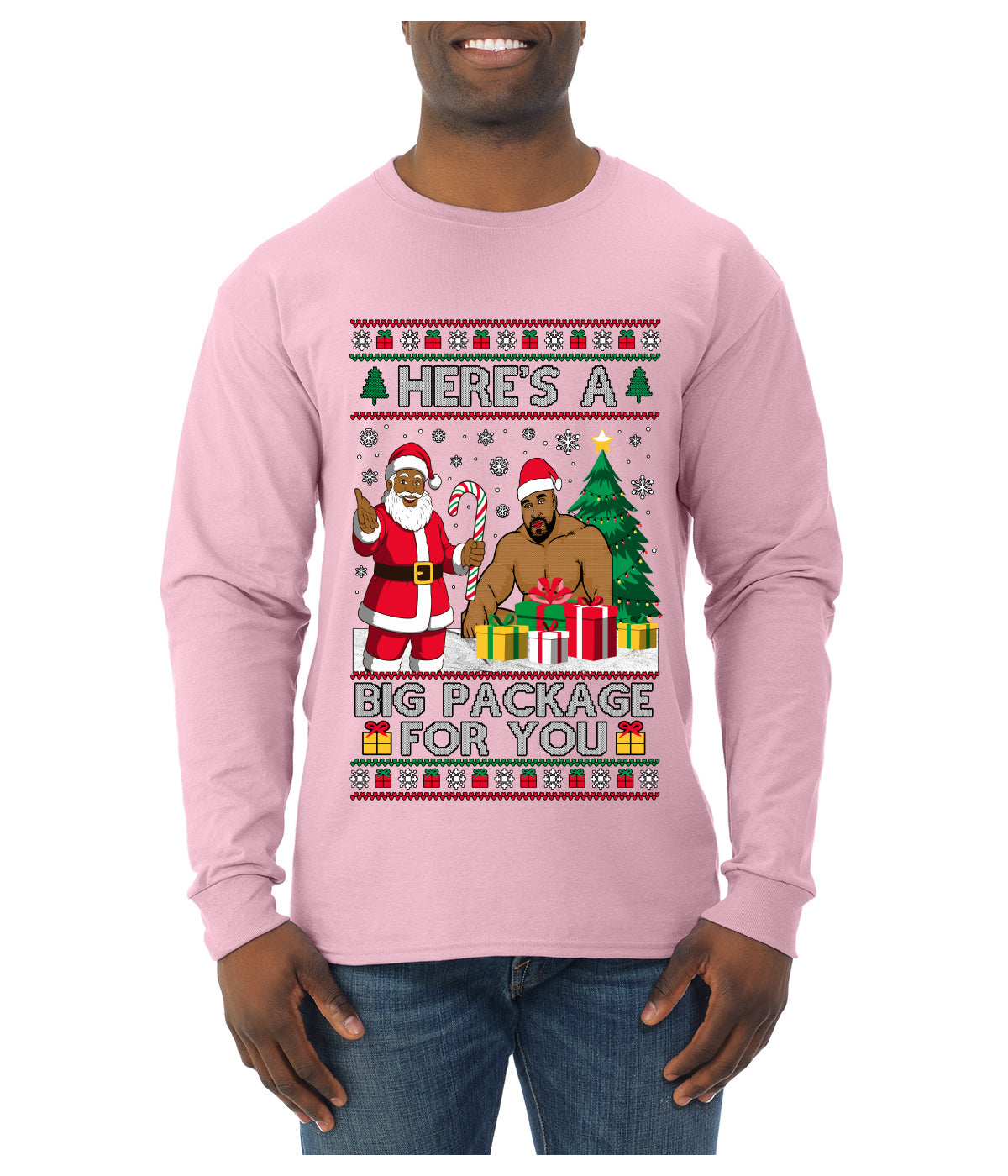 Here's A Big Package For You Black Santa Christmas Sweater, Ugly Christmas Sweater Mens Long Sleeve Shirt