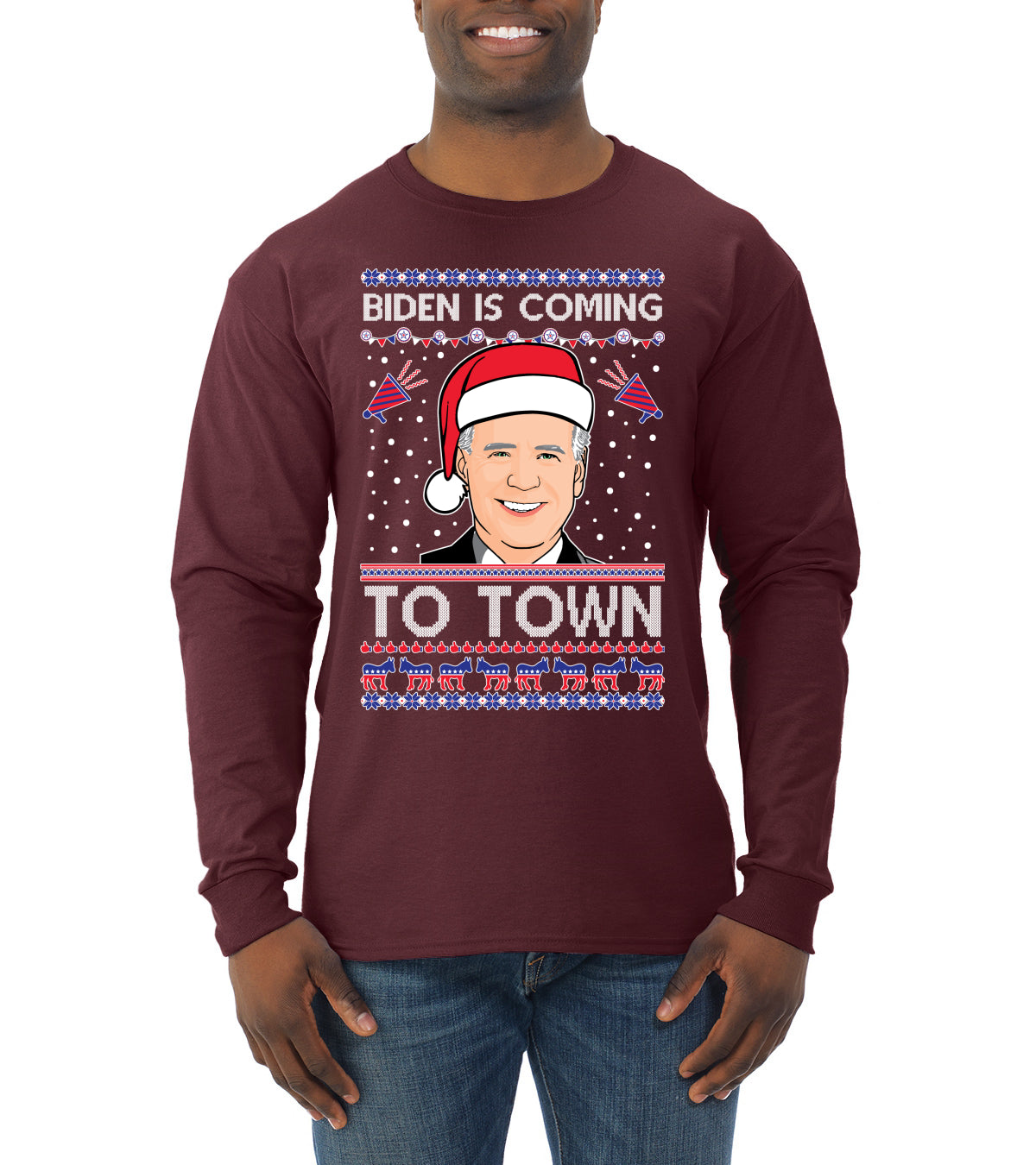 Biden Is Coming To Town Ugly Christmas Sweater Mens Long Sleeve Shirt