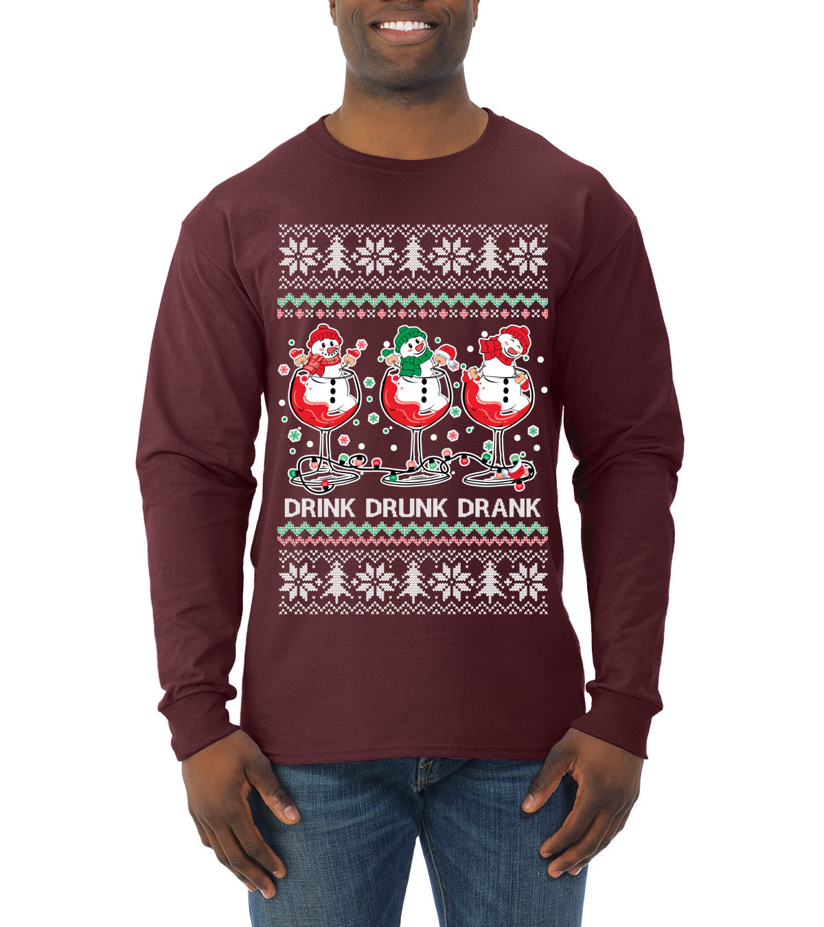 Holiday Spirits Drink Drank Drunk Snowmen Ugly Christmas Sweater Mens Long Sleeve Shirt