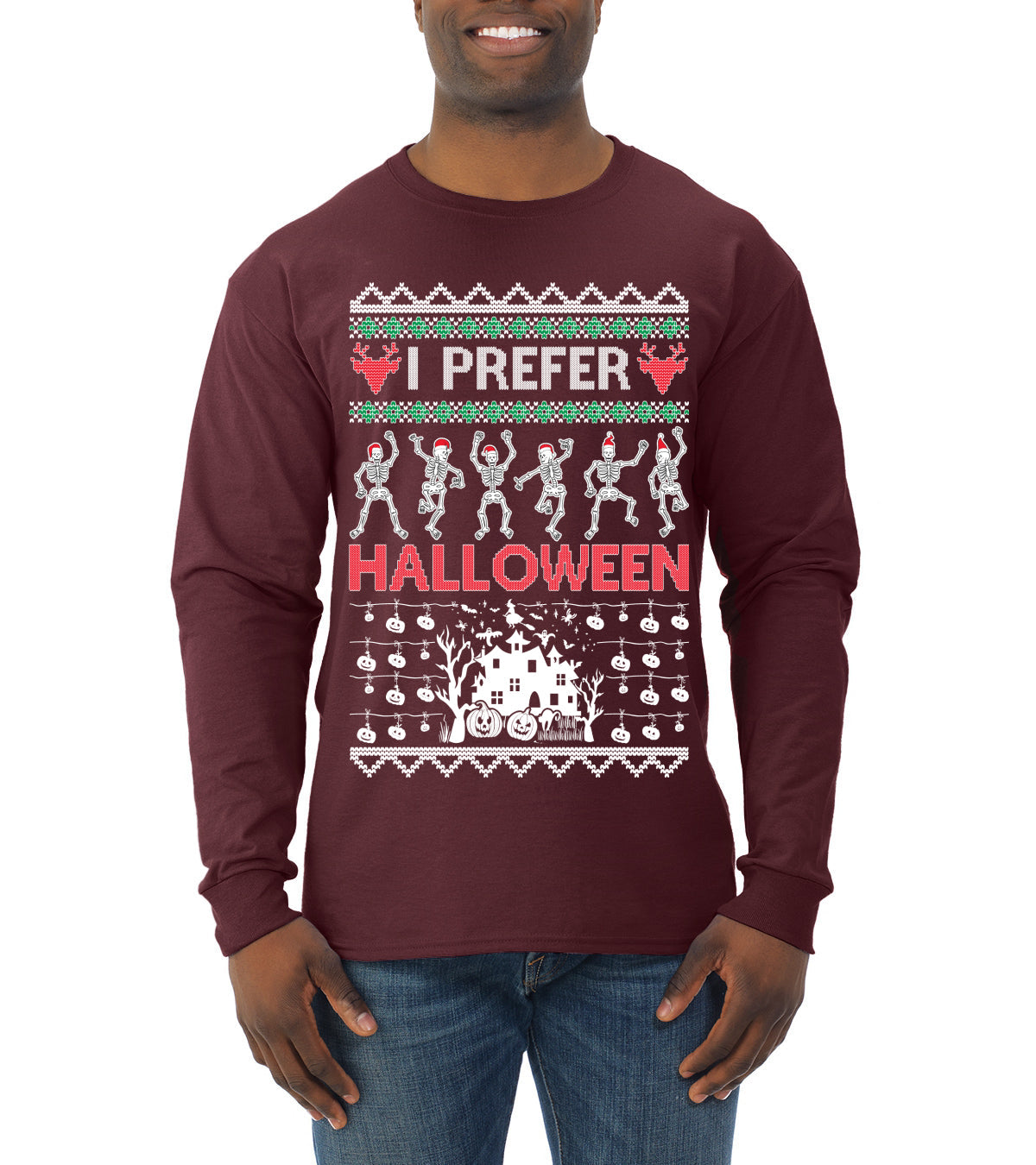 I Prefer Halloween Dancing Skeletons Ugly Christmas Sweater Mens Long Sleeve Shirt