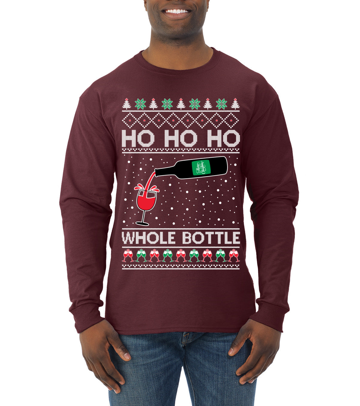 Ho Ho Ho Whole Bottle Wine Spirits Ugly Christmas Sweater Mens Long Sleeve Shirt