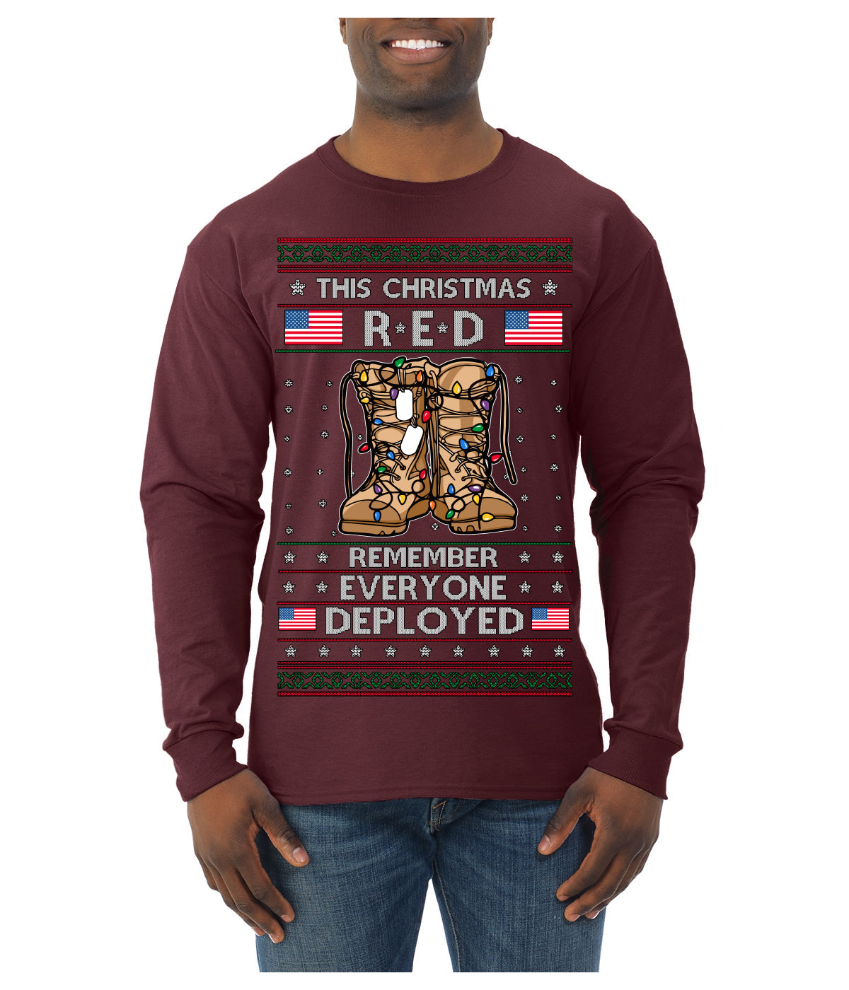 This Christmas RED Remember Everyone Deployed Veteran Ugly Christmas Sweater Mens Long Sleeve Shirt