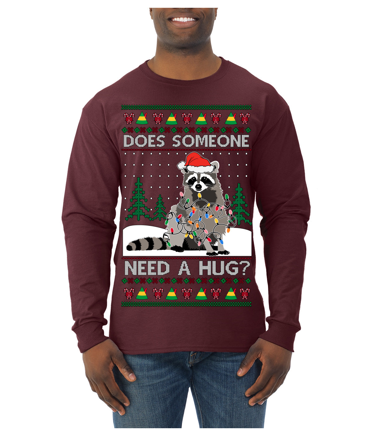 Does Someone Need a Hug? Cute Raccoon Ugly Christmas Sweater Mens Long Sleeve Shirt