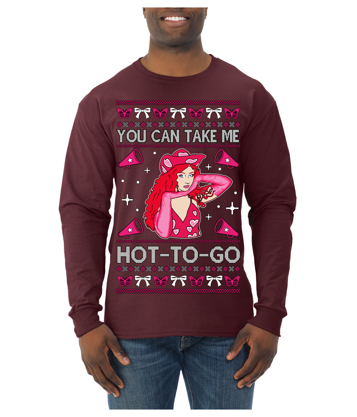 You Can Take Me Hot to Go, Funny Midwest Princess Pop Star Ugly Christmas Sweater Mens Long Sleeve Shirt