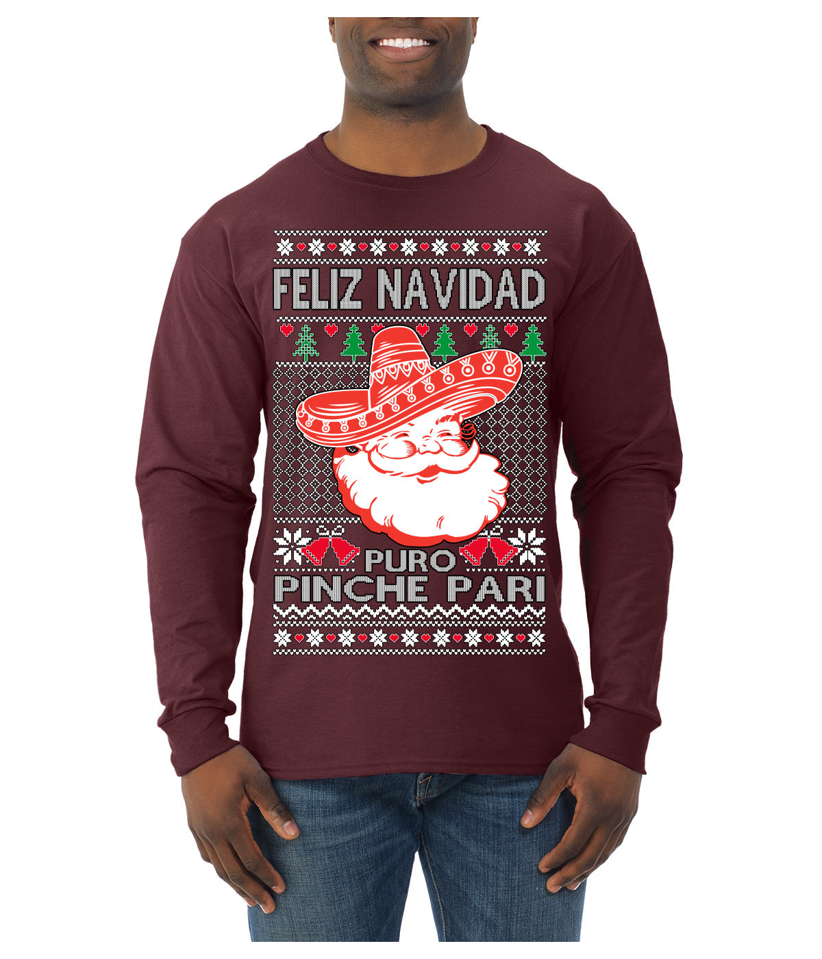 Feliz Navidad Puro Pinche Pari Funny Spanish Song Ugly Christmas Sweater Mens Long Sleeve Shirt