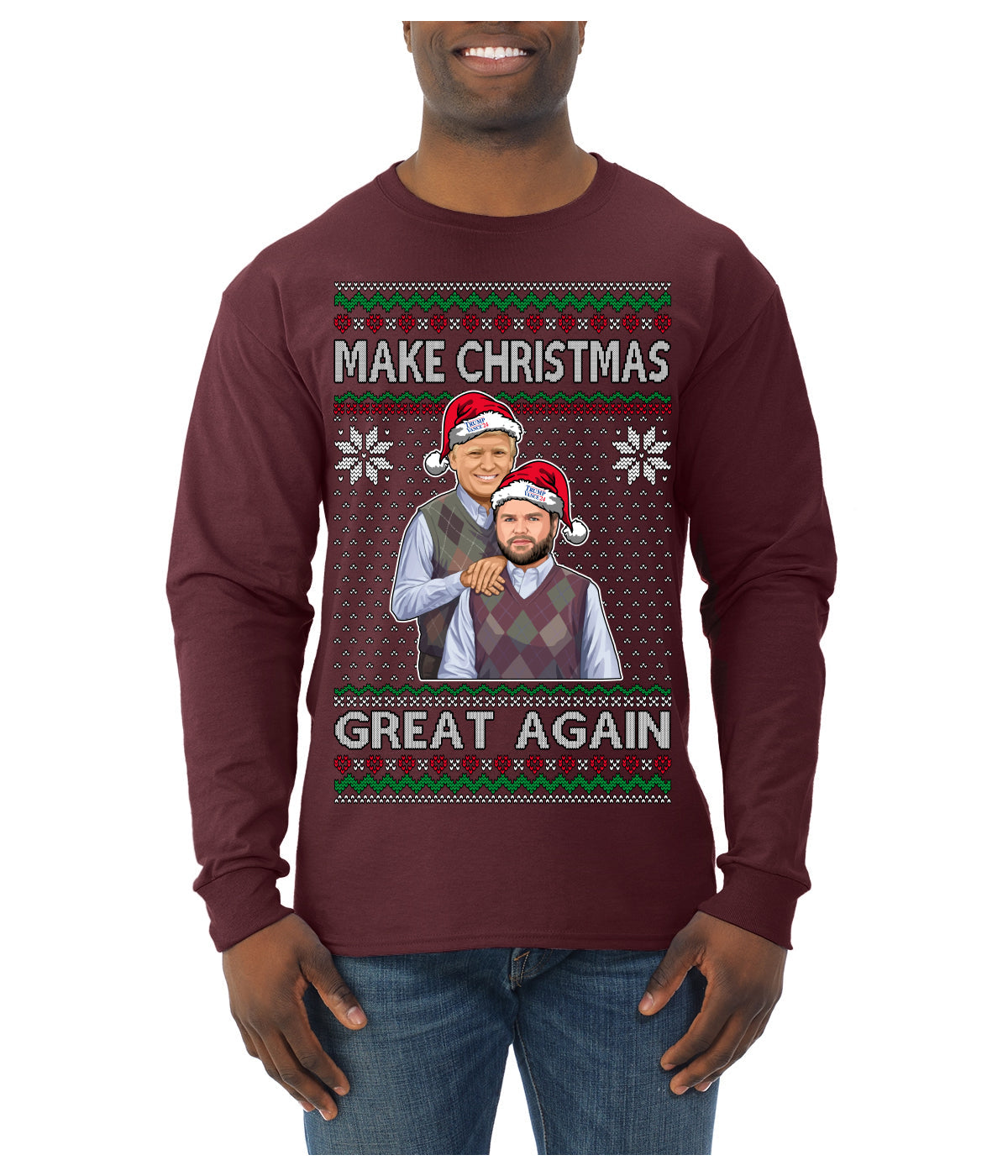Make Christmas Great Again Trump Vance 2024 Movie Parody Ugly Christmas Sweater Mens Long Sleeve Shirt