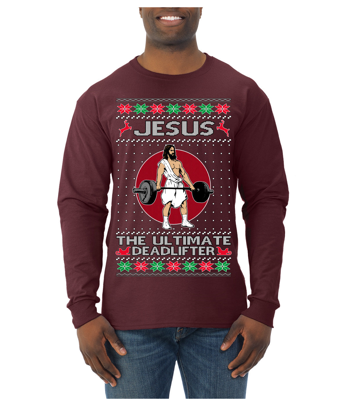 Jesus the Ultimate Deadlifter Funny Ugly Christmas Sweater Mens Long Sleeve Shirt