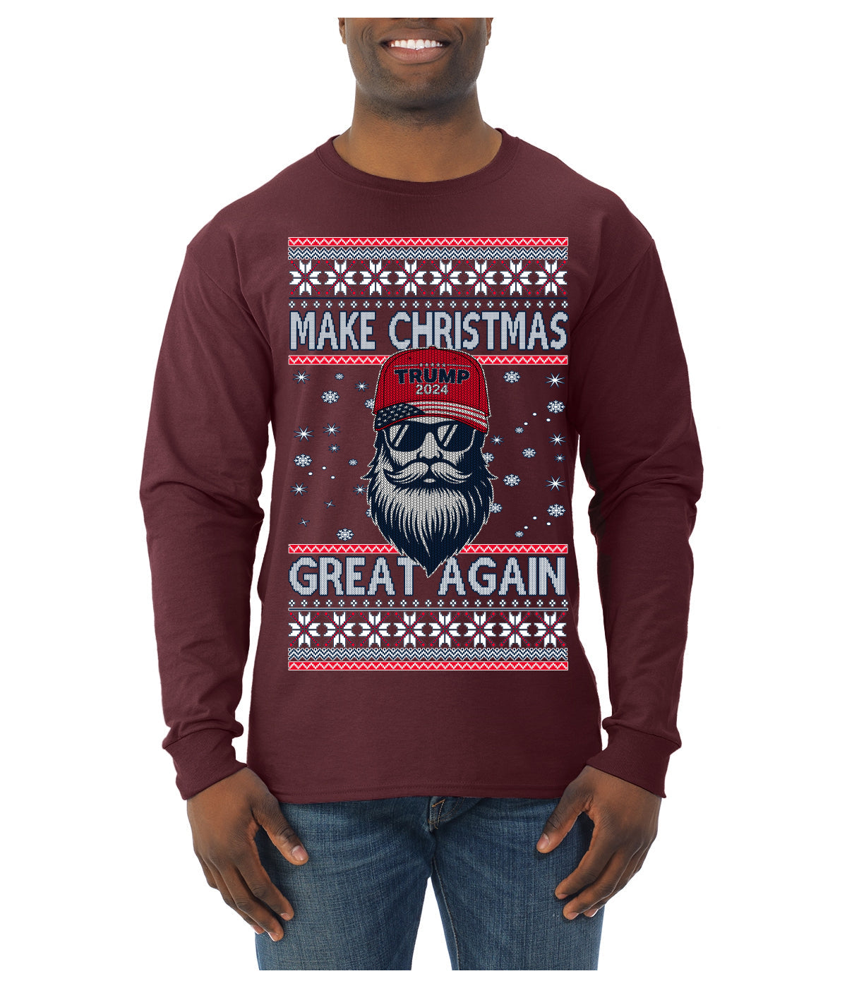 Make Christmas Great Again Trump Santa Claus 2024 MAGA,  Donald Trump JD Vance GOP Republican Ugly Christmas Sweater Mens Long Sleeve Shirt