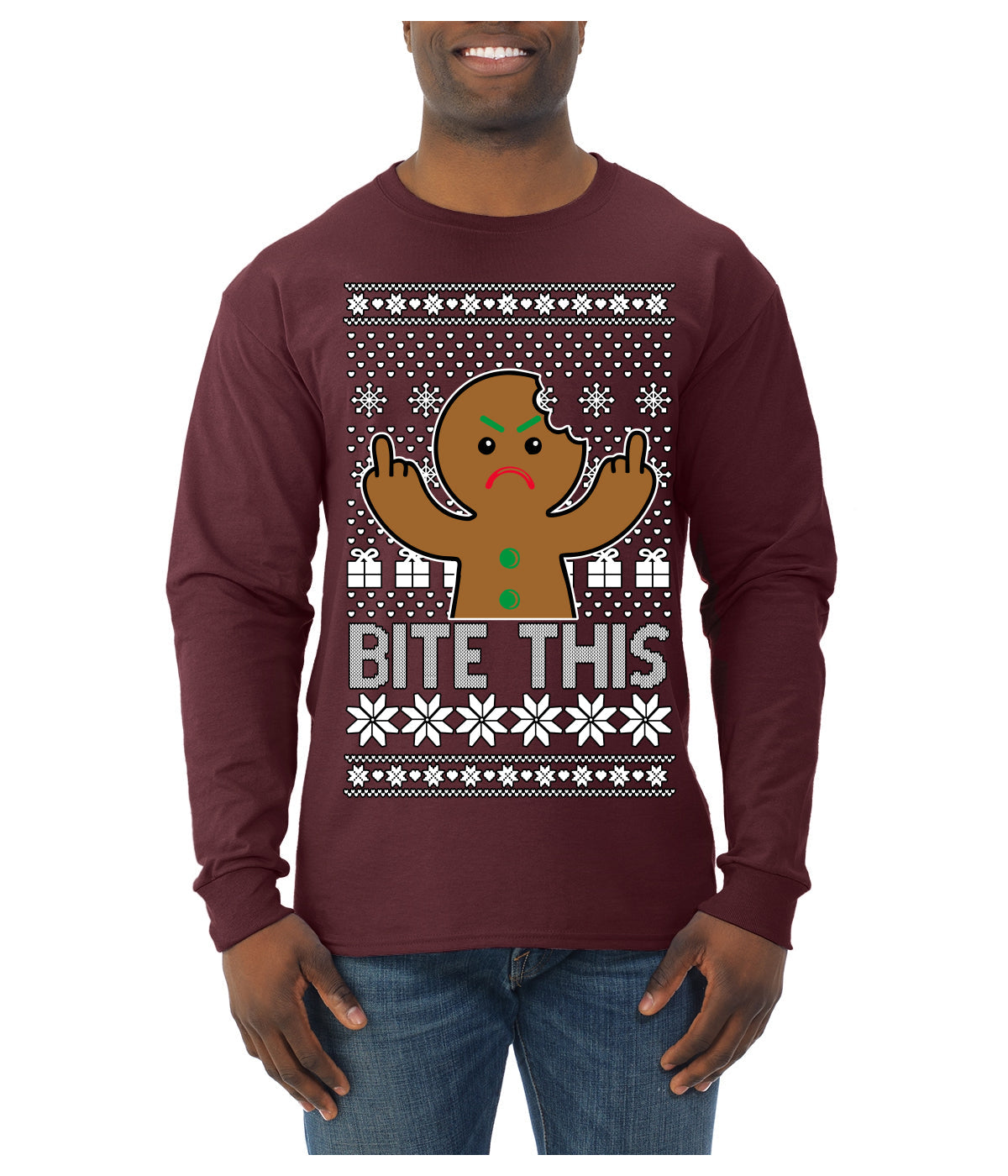 Bite This, Funny Gingerbread Cookie Offensive Inappropriate Middle Finger, F U Ginger Bread Dirty Novelty Xmas Ugly Christmas Sweater Mens Long Sleeve Shirt