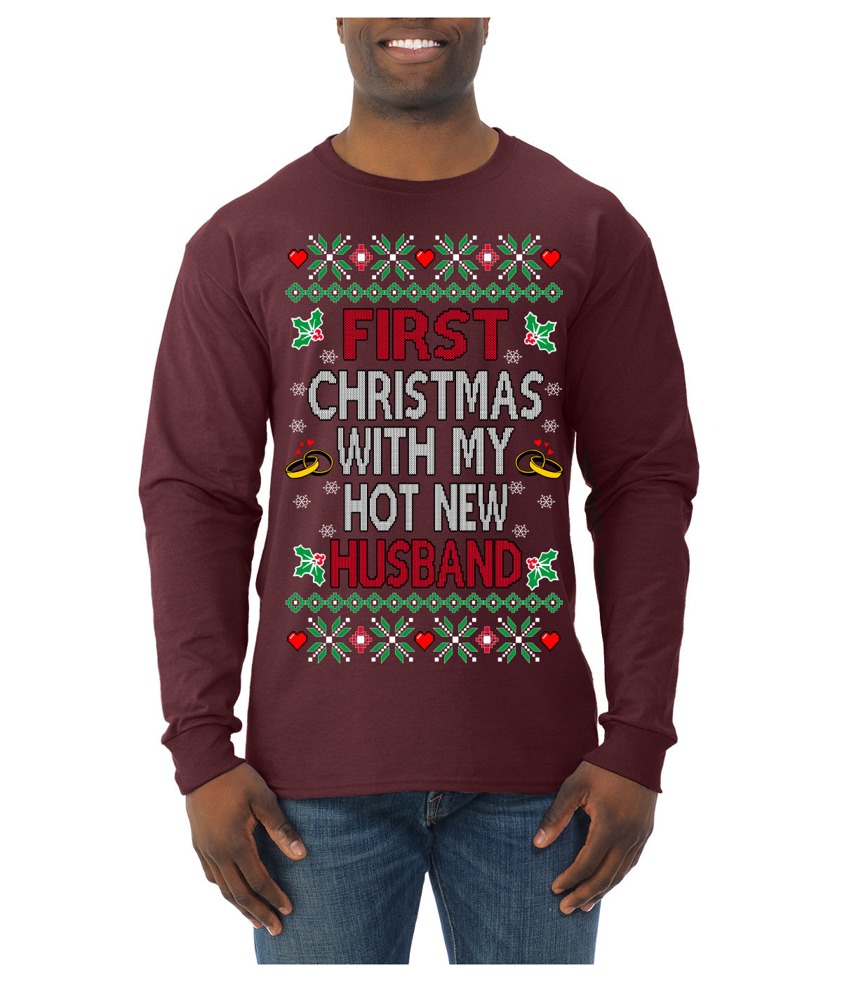 First Christmas With My Hot New Husband Classic Newlywed Ugly Christmas Sweater Mens Long Sleeve Shirt