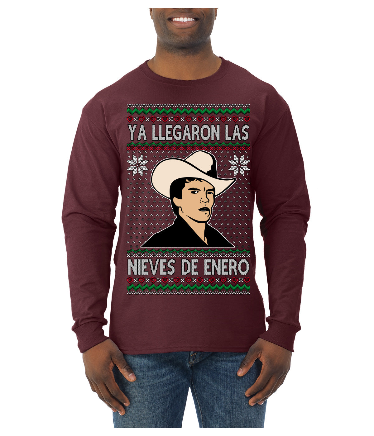 Ya Llegaron Las Nieves De Enero Chalino January Snow Ugly Christmas Sweater Mens Long Sleeve Shirt