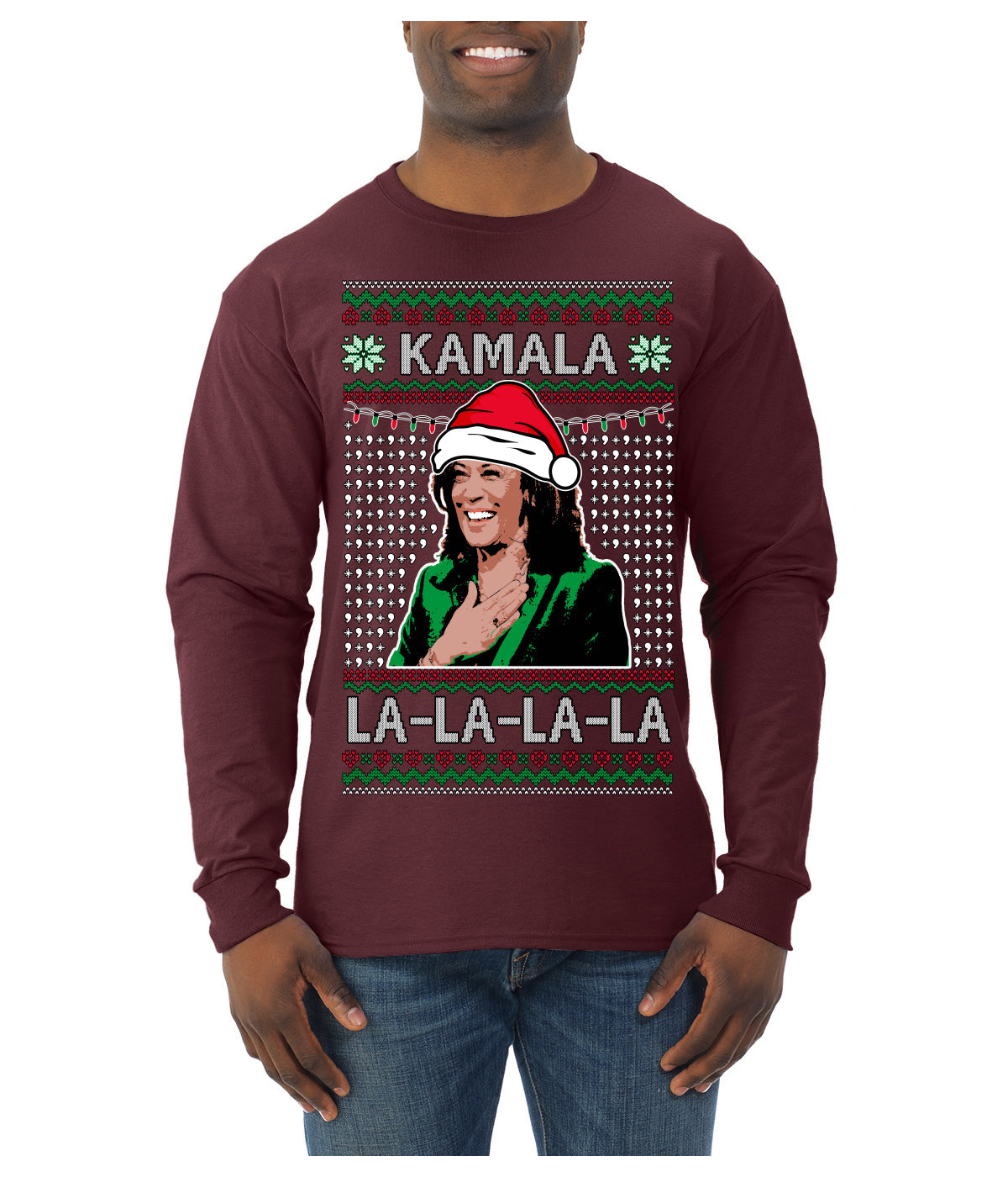 Kamala La La Funny Santa Hat Classic Xmas Song Carol Ugly Christmas Sweater Mens Long Sleeve Shirt